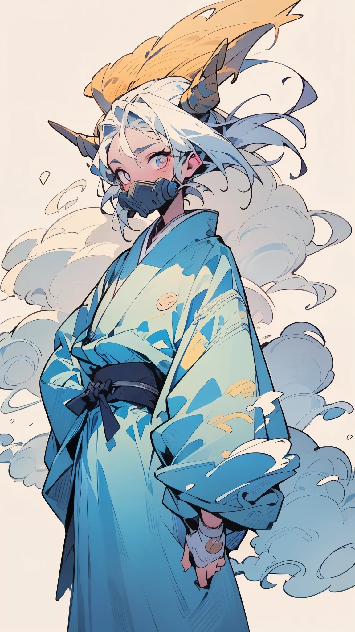 The image depicts a character standing in a field of tall, golden wheat. The character has long white hair and is wearing a blue kimono with a white cloud pattern. The kimono is tied with a black obi, and there is a pink flame design on the obi. The background features a bright blue sky with fluffy white clouds. The character has a pair of black horns on their head, and their face is partially covered with black markings. The overall style of the image is anime-inspired, with vibrant colors and detailed artwork.