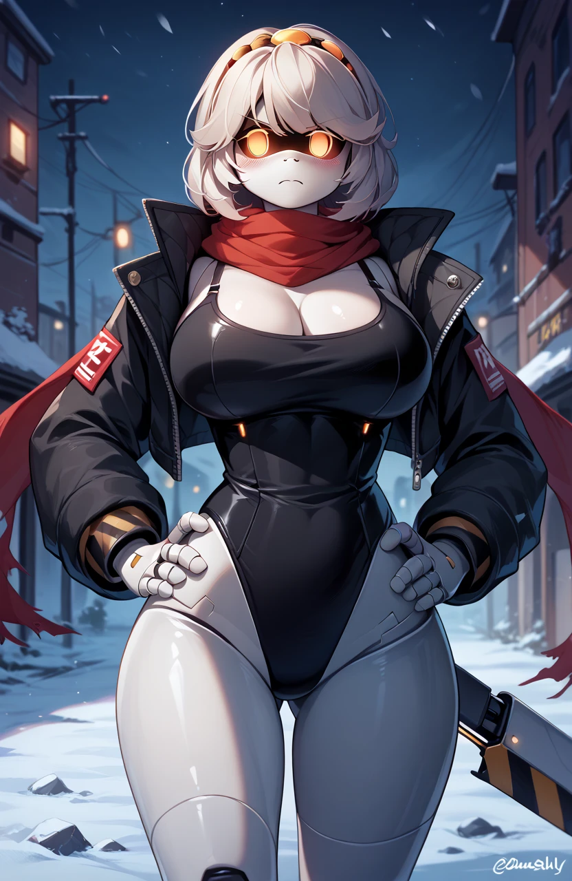 1girl, white hair, very short hair, red eyes, serious, glowing eyes, large breasts, thick thighs, athletic female, toned, leotard, black leotard, thighhighs, belt, knife, knifes, pantyhose, black pantyhose, hood, hood up, hood on, black hood,