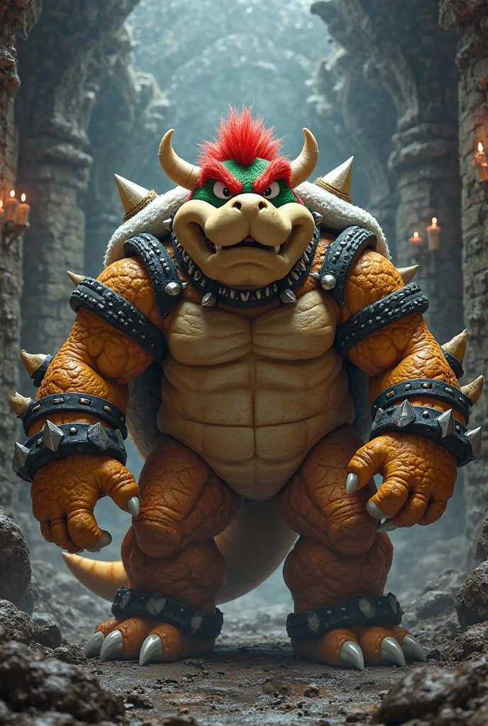 tubby bowser, two arms, wearing a leather harness, battle-worn, soft body, enlarged penis, erect penis, big balls, detailed skin, skin blemishes, full body shot, background ruined castle, background cinematic Hollywood movie style, light depth of field, vignette, highly detailed, high budget