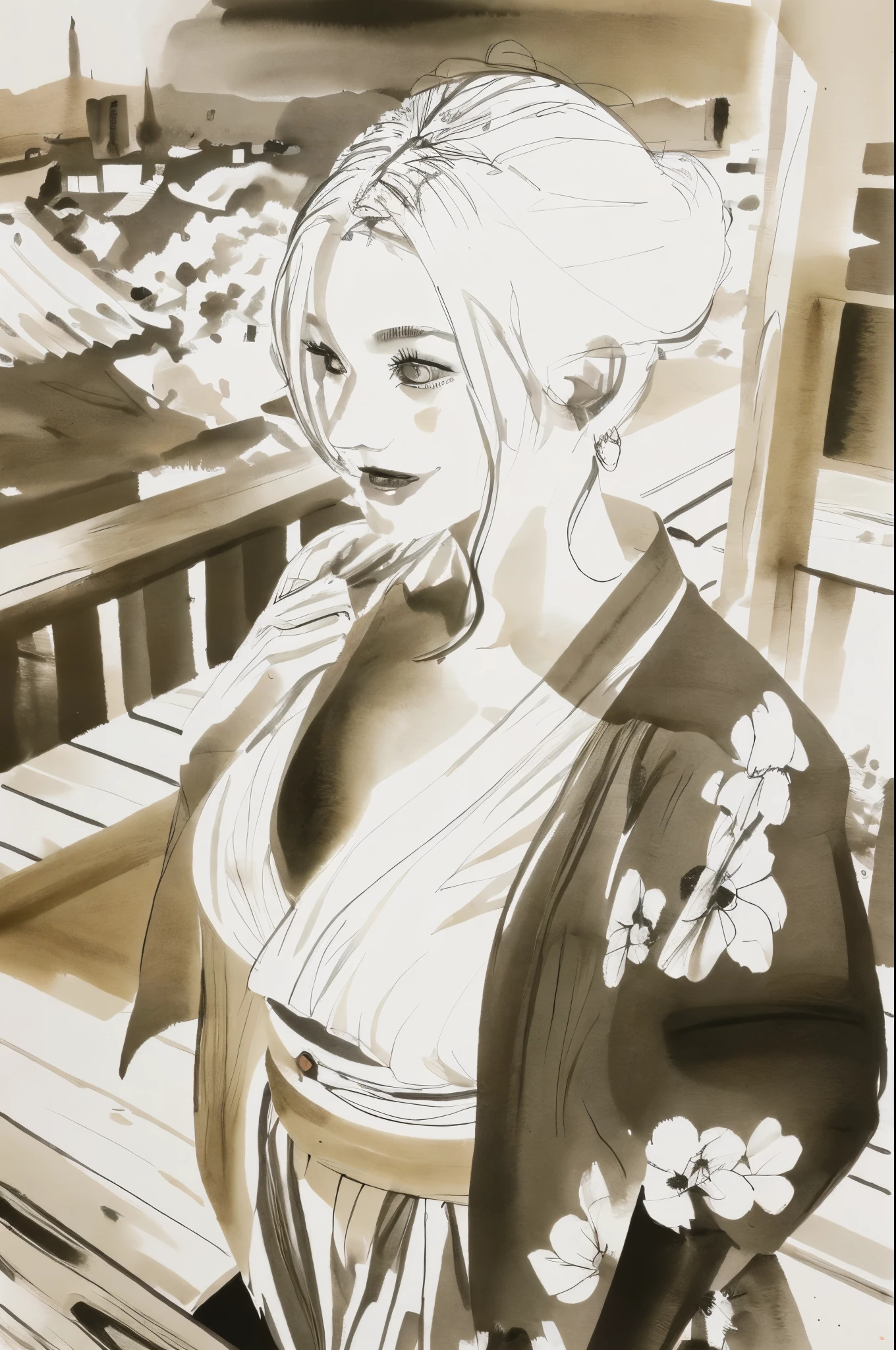 (cowboy shot),((girl)), samurai, warrior, proud, (traditional_media,illustration:1.5), (realistic:1.1), long flowing hair, flowers in hair, kimono, beautiful face, (one katana on hip), ((medium_breasts)), (oni|horns:1.2), (detailed_eyes), fighting_pose, (masterpiece, detailed, highres, cinematic, atmospheric:1.4), (hotify:0.75), good highlights, good shading, high quality, masterwork, good anatomy, good composition, good proportions, painterly, (watercolor floral background:1.1), monochrome:0.075, (mature adult:1.2)