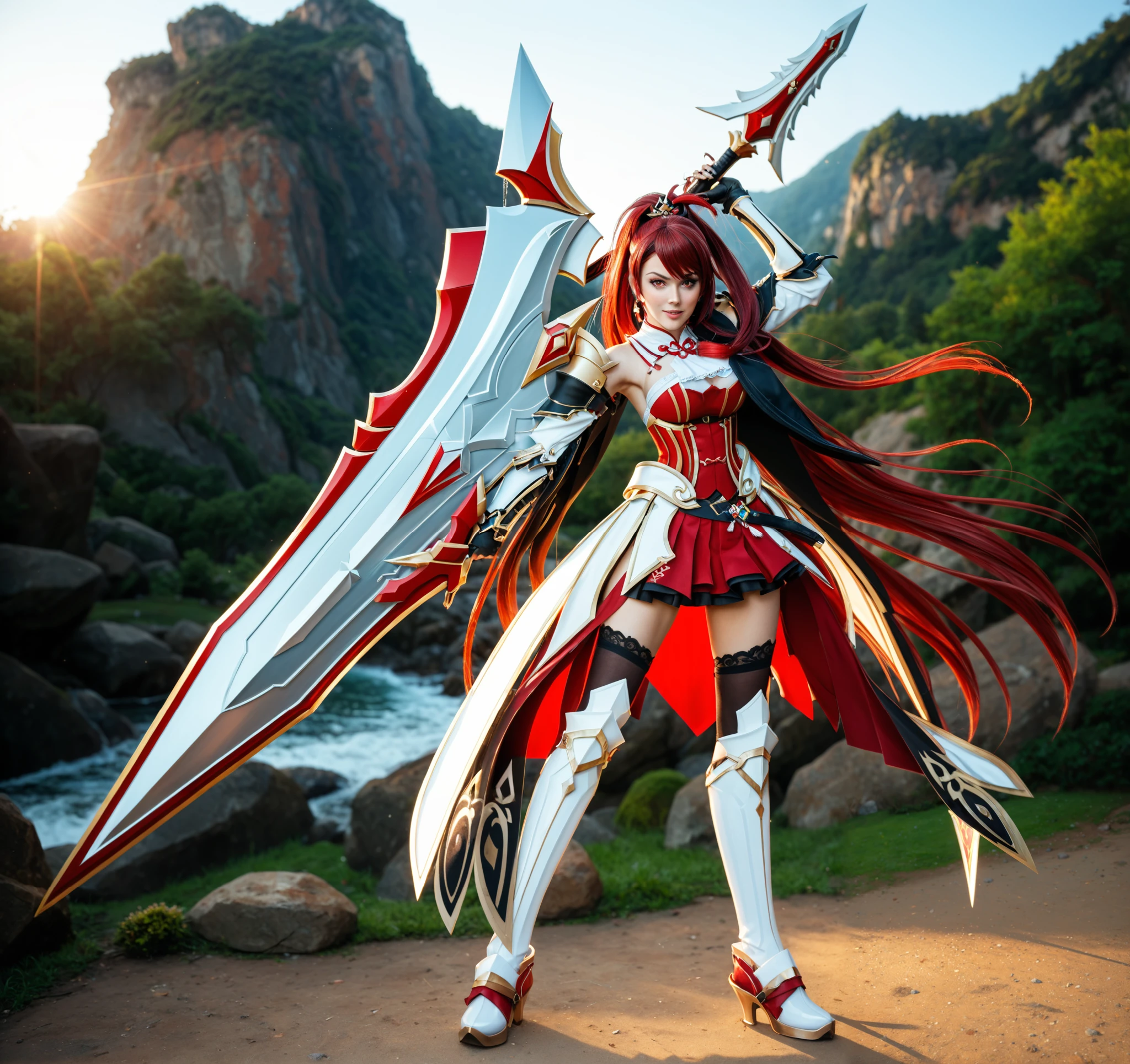 Açık havada bir kılıç tutan kırmızı ve beyaz kıyafetli 20 yaşında bir woman, rias gremory, white and red armor, woman , erza scarlet as a real person, woman kızıl saçlı tapınakçı , elesis elsword, you are suffering, Beidou Genshin Impact, as Yuuki, official character picture, elsword style , natural lighting, high quality art style, high quality, 8K Ultra HD, a girl warrior, high detailed, photorealistic, 3d rendered. red eyed and long to hip red bushy haired. Her hair cover her left eye. She is weared red and white striped knight uniform. Young, cute face, hands, big breasts, broad shouldered, athletic, aesthetic, Strong. gigantic red, white striped fantastic, scary sword. She is standing up.