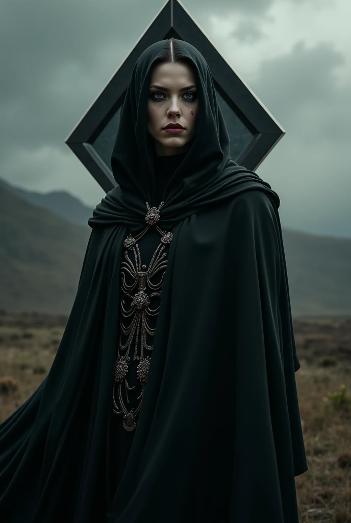 20 year old, woman with very pale skin, long red hair, wearing a hooded long black cloak with the hood up, tight black leather trousers, long leather boots and a black short top with a v neck and large cleavage, she is holding a red lightsaber. she is standing in a rocky desert with a dark red sky and stars