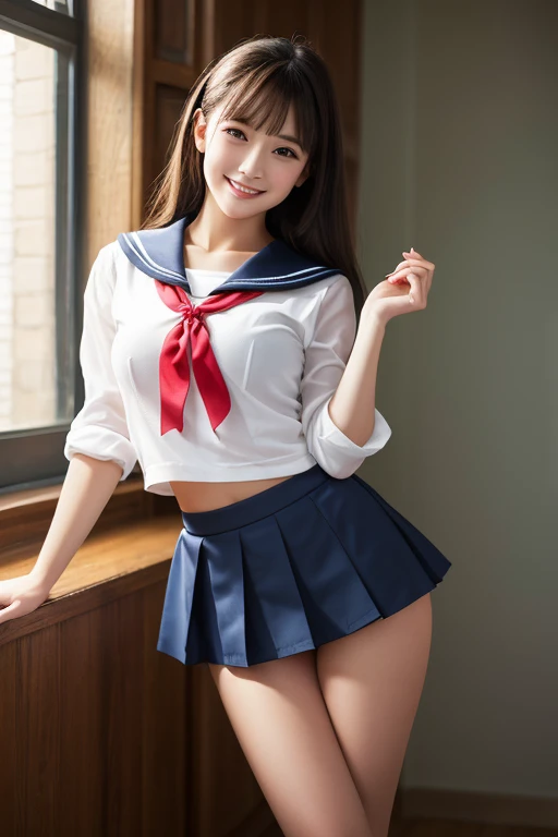 sailor suit, show me your chest, big breasts, big nipples, big areola, very big boobs, Spread your legs and show your crotch, very short mini skirt, pleated skirt, Skirt flip, Exposed crotch, plump thighs, female organ, labia minora, short hair, young face, baby face, smile, Good alignment of teeth, Sex worker