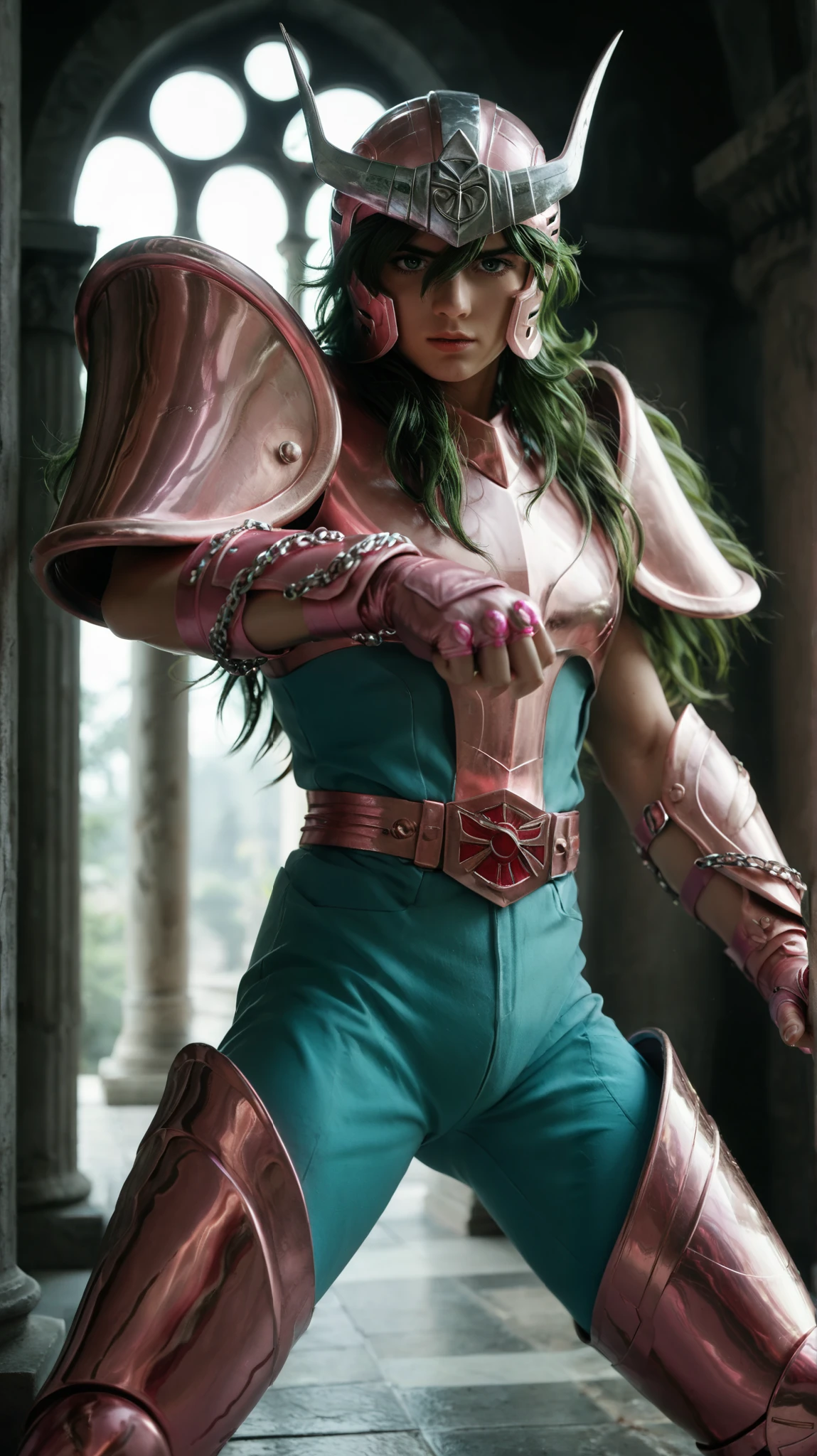 score_9, score_8_up, score_7_up, masterpiece, ANDROMESHUN,andrshunv1, 1boy, slender figure, pink pauldrons, pink two pronged helmet, long wavy green hair, green eyes, pink armor, pink vambraces, fingerless pink gloves, pink thighhigh greaves, green pants, pink belt, pink boots, chains, (((action pose))), (highly detailed:1.2), (intricate:1.2), (best quality:1.2),(8k:1.2), (sharp:1.2), (majestic:1.2), natural lighting, detail++, greek temple backdrop, looking at viewer,