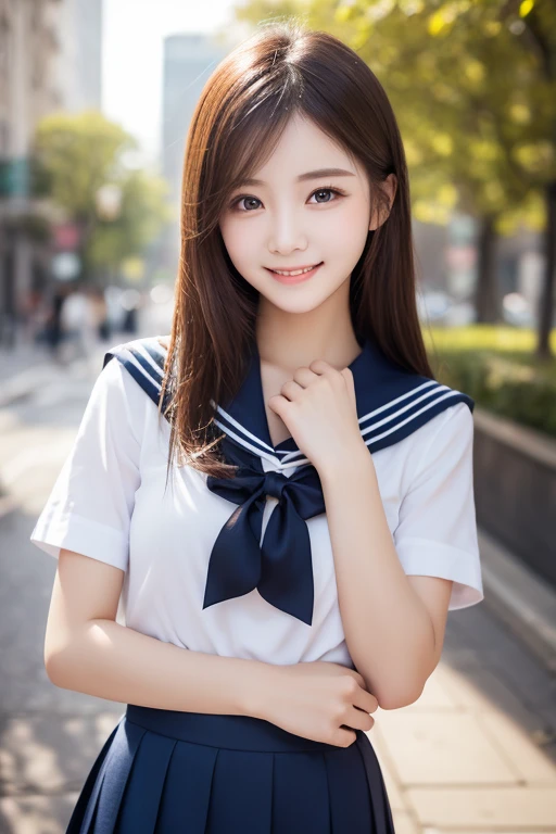 (8k、Raw photo、highest quality、masterpiece:1.2)、(Realistic、Photorealistic:1.37)、Ultra-detailed、超A high resolution、1 girl、Seeing the viewer、Beautifully detailed face、Laughter、narrow、(Slim waist) :1.3)、Beautifully detailed skin、Skin Texture、Floating Hair、Professional Lighting、Human whole body、Long Hair、Blonde、Japanese Height 、Sailor suit、admission、、Bob Hair、E Cup、Smile、16 years old、Red ribbon、Baby Face、Childish smile、Sappin'、Moisturizing lips、Pale pink lips、