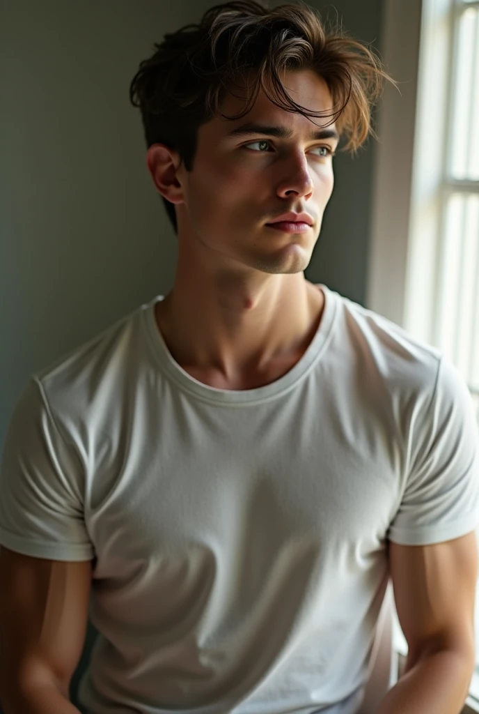 young man,Beautiful,charismatic brunette,strong.good body.broad shoulders,narrow your pelvis,handsome as god, green eyes,light bristles. haircut. good body,Super realistic. In a white linen shirt and blue trousers.