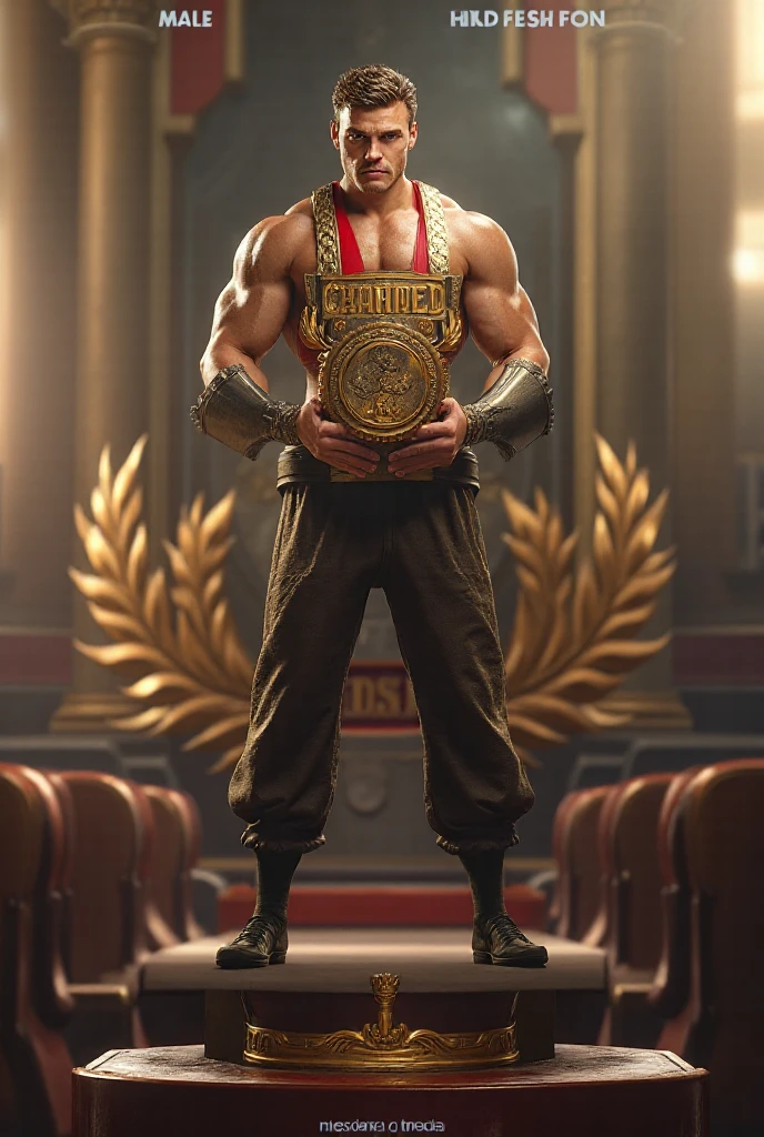 full view full body, one young white european ??? with undercut ligh-brown haircut, hyper muscular and over-bodybuilded, fighting and badly dominating one grown champion winner bodybuilder white european blonde male wearing a gold crown and huge champion gold belt, on ring
