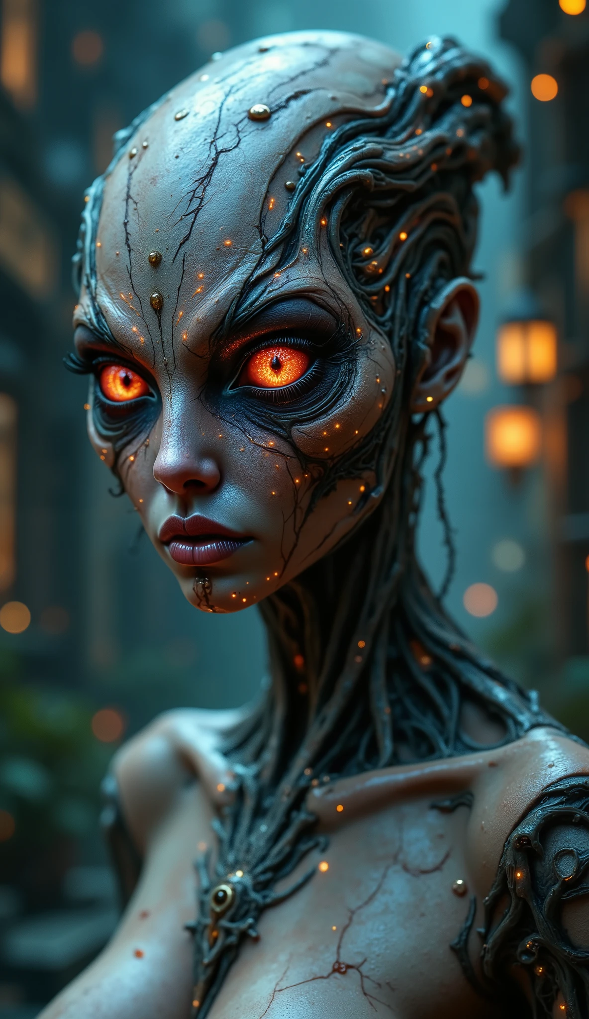 Hr giger tattooed sexy seductive dead girl, perfect face, hyper detailed ruby eyes, full body view,