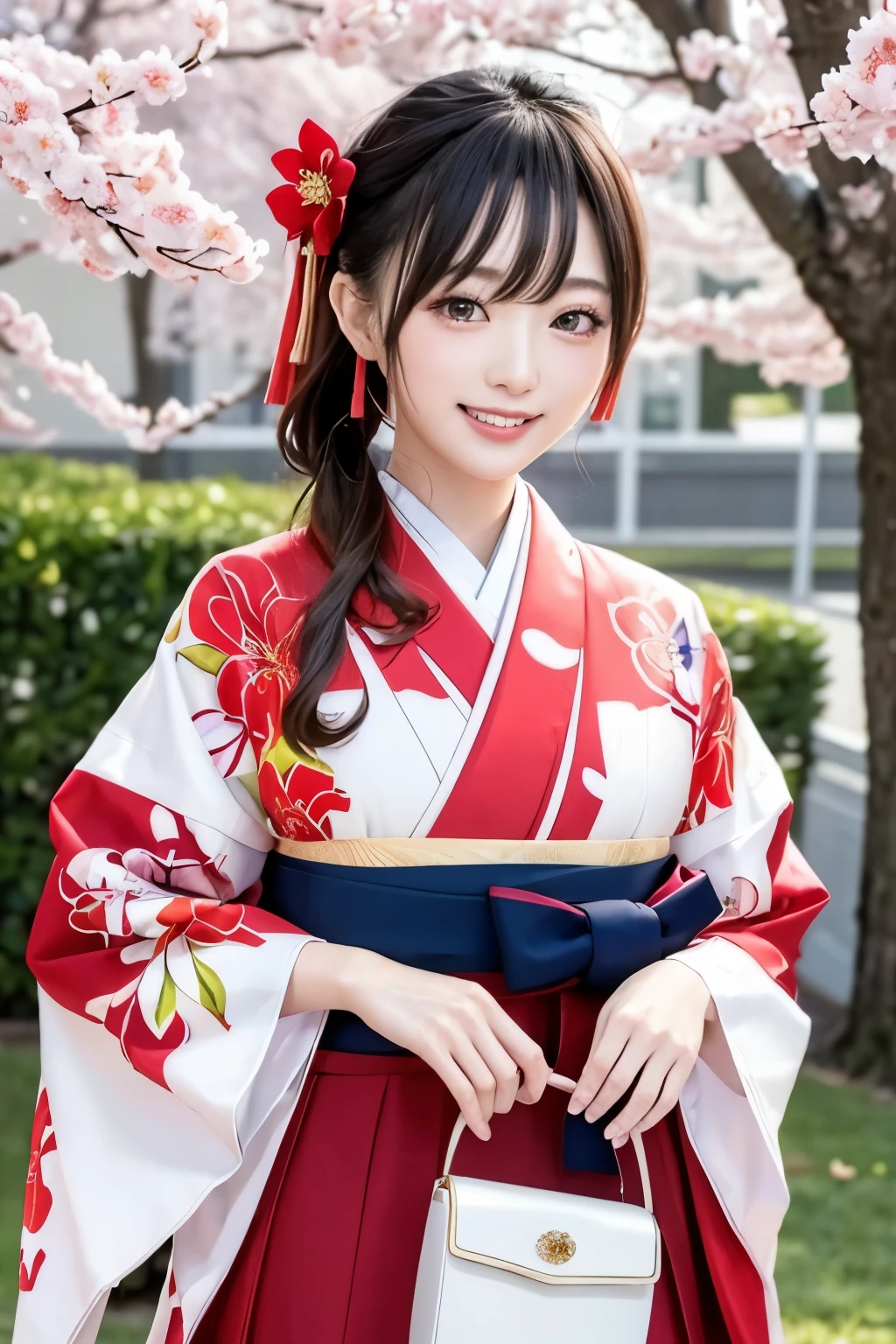 masterpiece,best quality, ultra highres,8k,16k,delicate photography, sharp line, sharp focus, (perfect anatomy:1.5), RAW photo, resolution,realistic,ultra detailed,sharp focus,RAW photo,白,蒼,黒,UHD,
BREAK,
beautiful Japanese girls,large breasts,Long eyelashes,
hakama girls,
Japanese beautiful female university students wearing vibrant, colorful hakama at their graduation ceremony. They are taking a selfie together, smiling happily. Their hair is styled in ponytails. The background is a springtime scene with cherry blossoms in full bloom, and petals gently falling in the breeze,
BREAK,
hakama skirt,gal.safetensors,