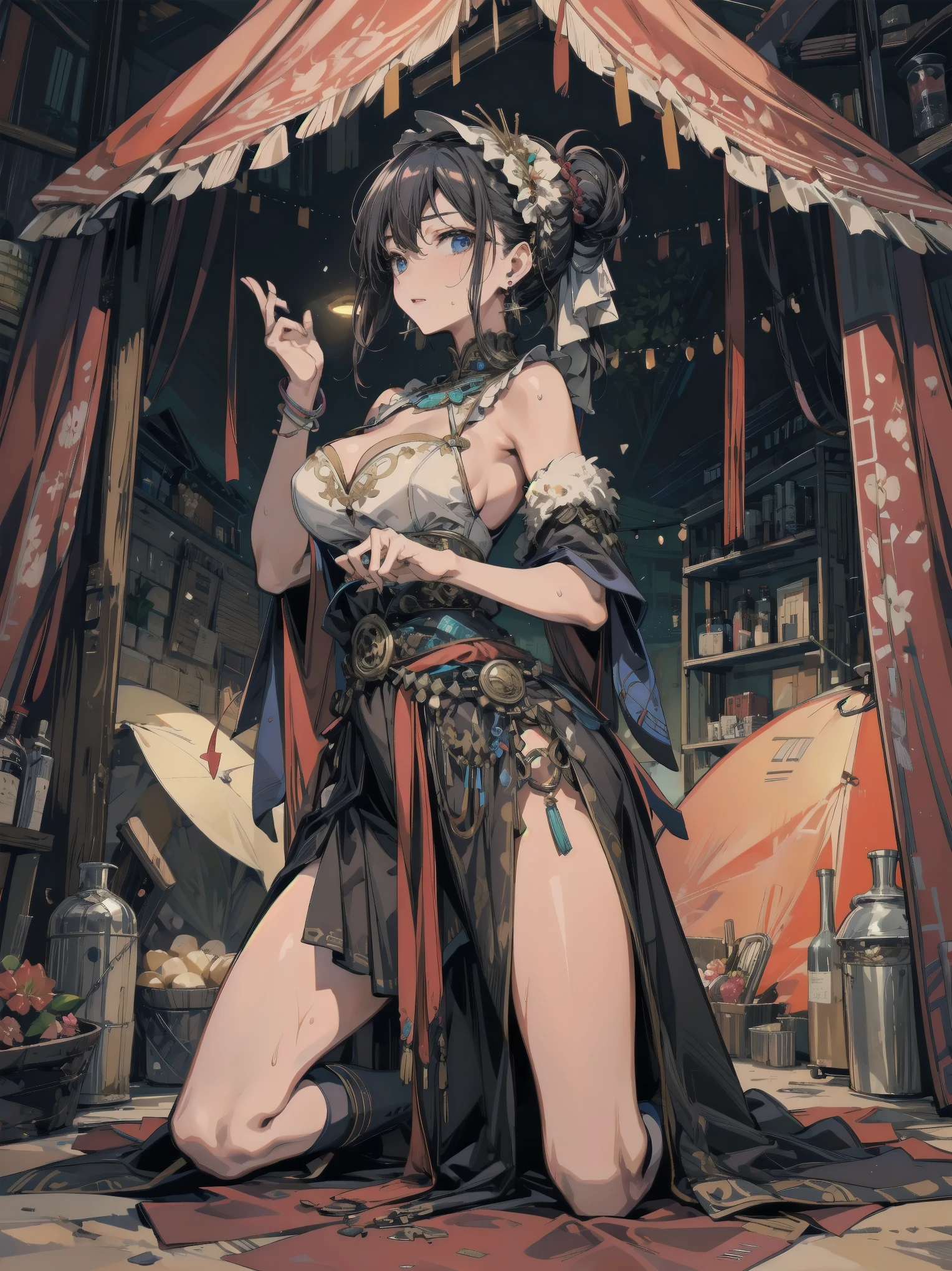 Group of 5 princesses,(5 young women,many young women), (in the bedroom), Various hair styles, harem, Wearing a strapless Thai dress.., at night, detailed face, big breasts,Breast curtain, short skirt, mule, Sleeveless , Show your armpits, at night, starry at night,(large areolae:1.4,pink,The nipples are clearly visible....),((Various poses)