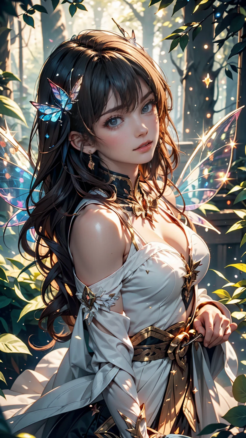 masterpiece, 1 Fairy, Flying fairy girl, Perfect Face, Light, Glass Tree Forest, Dramatic lighting, Blindfold, Super detailed, floating glow Lights, Depth of written boundary, (Shining Dust)