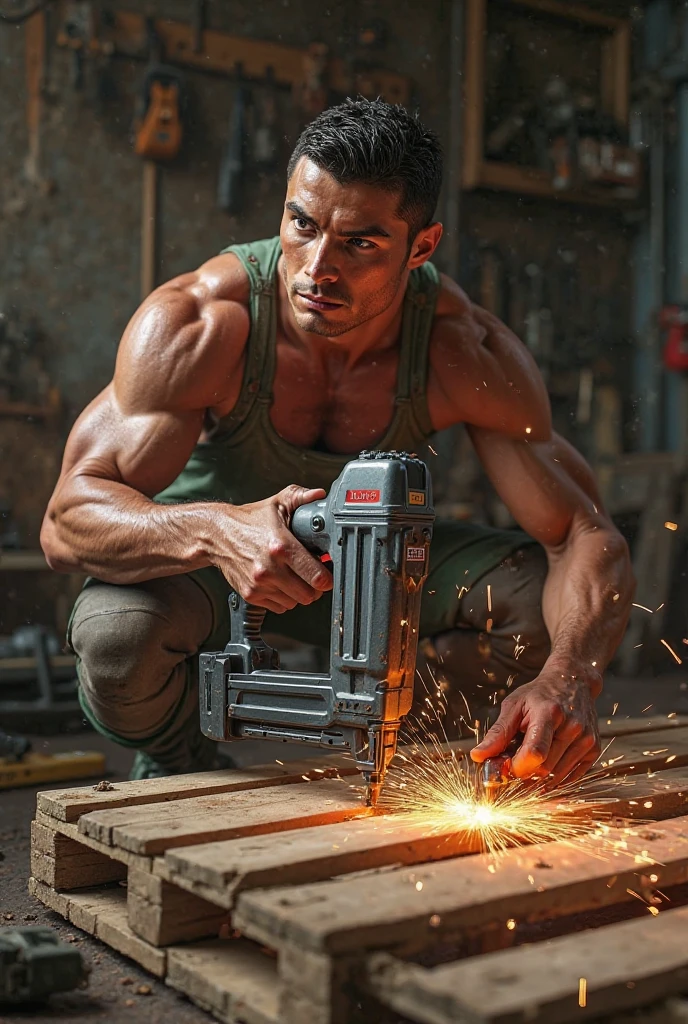  1 man squating on a machine in a factory homoerotism illustration , In the background, white walls with shelves with tools, The Industrial Worker of the 19th Century, A factory, with heavy machinery and smoke, Colors: Gray black sepia tones strong contrasts, Strong young man with calloused hands wearing small shorts, barefoot, stone paved floor Style: Social realism, with a touch of denunciation, the young man has an expression of tiredness, but also pride in his work. ((homoerotism)) A majestic oil painting masterpiece, 'lust on the factory' captures the essence of classic eroticism. A white man with brown hair, diamond-shaped face, straight nose, medium-sized lips, thick eyebrows, and big blue eyesl. His toned fitness body glistens with subtle skin imperfections, showcasing impressive buttocks, leg muscles, and broad shoulders. His facial and body expression invites lust and love. The midday sun casts a warm glow, while shadows dance across his features. In the The scene is bathed in soft light, with hints of vivid colors that evoke a sense of realism in 8K resolution.