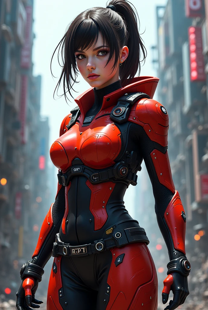 ((( nano suit ))), (((Bandaged body))), ((high collar)), (((red suit))), (((best qualityer: 1.4))), (Unbeatable masterpiece), (hiper HD),(CG 8k hyper-realistic), (((brave face))), (((breasts big))), (((hyper feminine))), sexly girl,(black bob hair)), ((( sculptural body ))), (((1 Kizi))), Kizi cibernética de 25 anos com perfectbody,,Beautiful and well-groomed face,muscular body:1.2,solid color detailed jacket, (Head to thigh photos), Complex equipment, green dark,Long pants,Tight clothes are dark,With white stars and off-white stripes,Armor Metal Electronic Parts, Poison tattoos ) INFO, Kizi, (((standing alone))), pirralha violent, (((14歳))), sexly, pose de atitude, work of art, post-apocalypse, (((manga style))), bounty hunter, violent, Manic, the way you want, slenderbody, thin but strong, perfectbody, roupa moderna, advanced technology, neon, sleeves with vertical striped pattern, neutral background, (( cowboy shot )). intricate visual