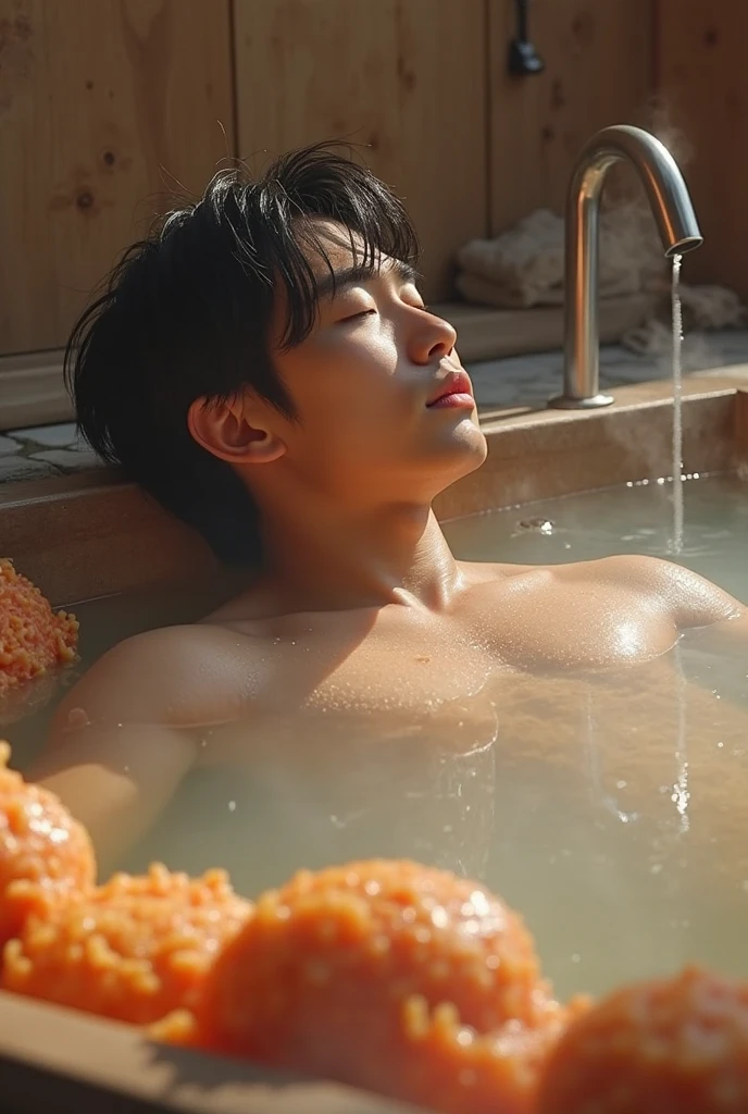 An Asian man in his 20s is taking a bath in the bathtub. Inside the bathtub, white soap bubbles are filled on the surface of the water.