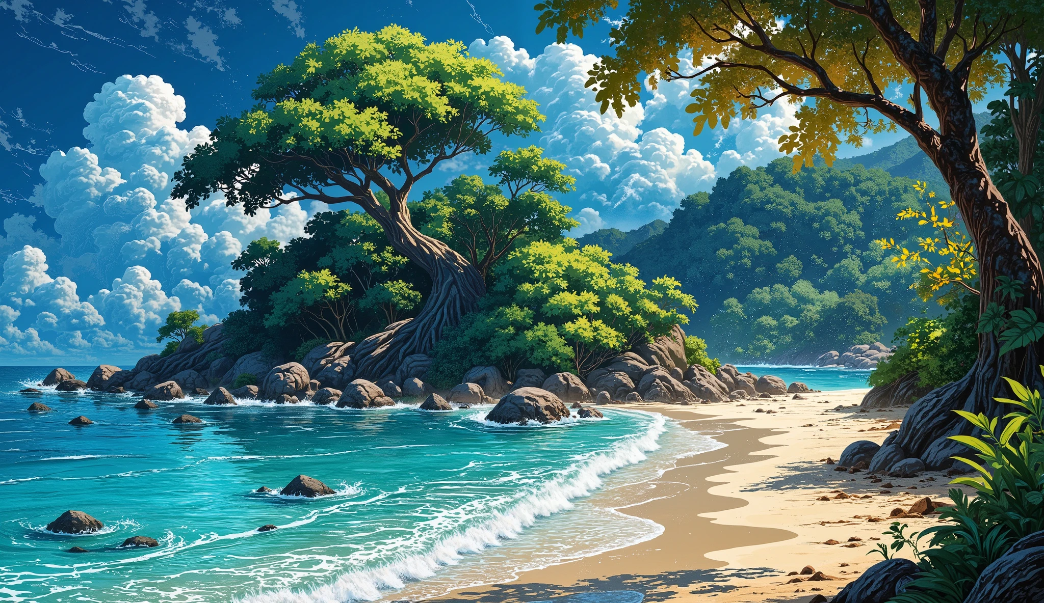 A vibrant tropical island surrounded by turquoise waters, with towering, ancient trees that have glowing fruit and oversized, multi-colored leaves. The beach is covered in sparkling sand, and gentle waves lap at the shore.