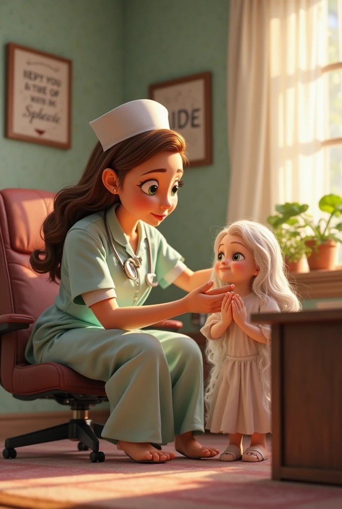 The doctor is giving a vaccine injection to the arm of Elsa Ftozen, who is sitting in the hospital.