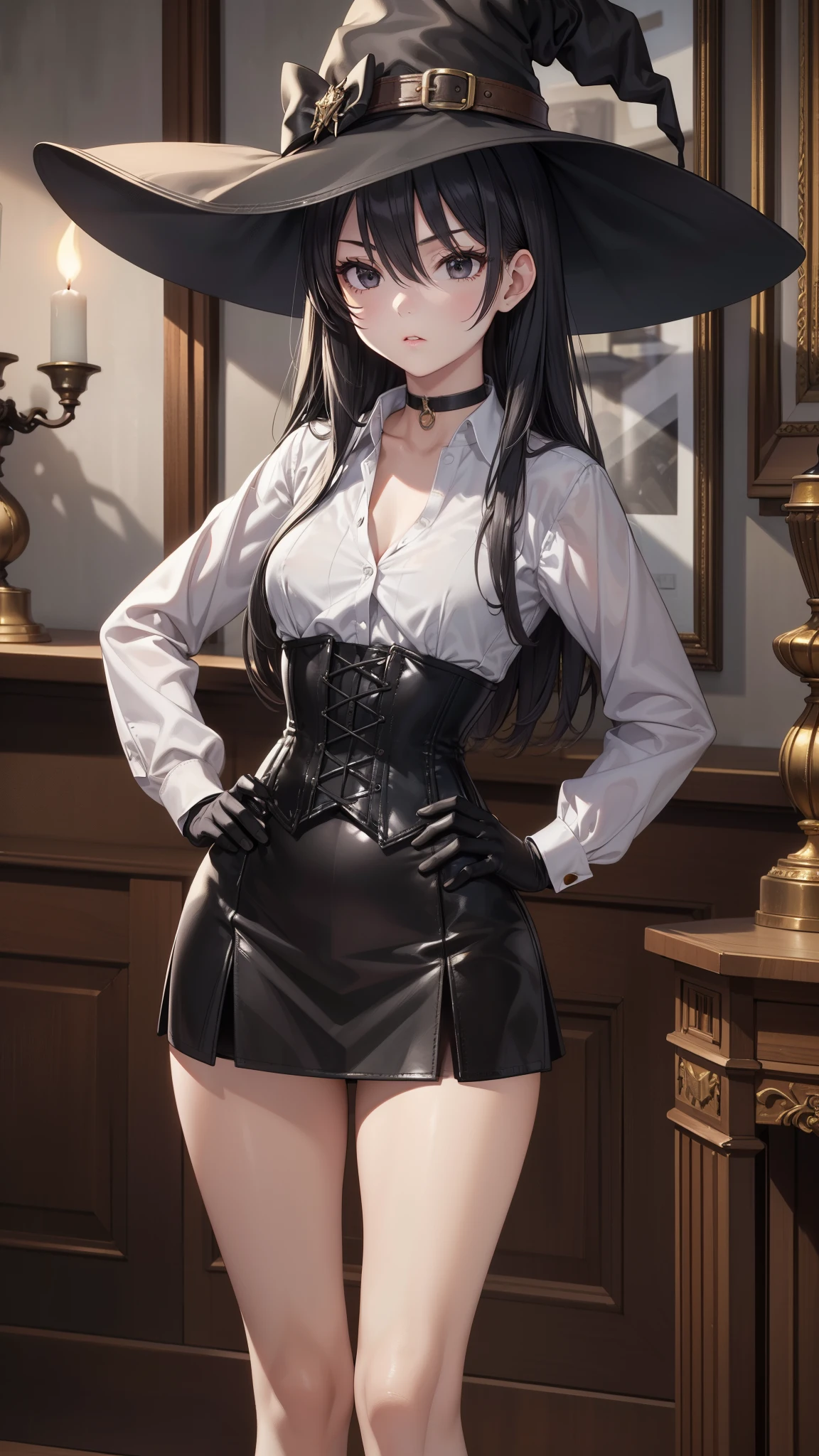 masterpiece, beautiful art, professional artist, 8K, sciamano240 art style, very detailed face,  detailed clothing, Detailed fabric, (A young girl of short stature), ((hands on the hip)),  perfectly drawn body , beautiful face,  closed lip vest, (long black hair), black eyes, very detailed eyes, serious expression, detailed lips, (witch hat), choker:1.6, (long sleeve buttoned white collar shirt), black gloves,  gloves that cover my hands , (black leather corset), (short black skirt), show details in the eyes, elegant room, candelabras, at night