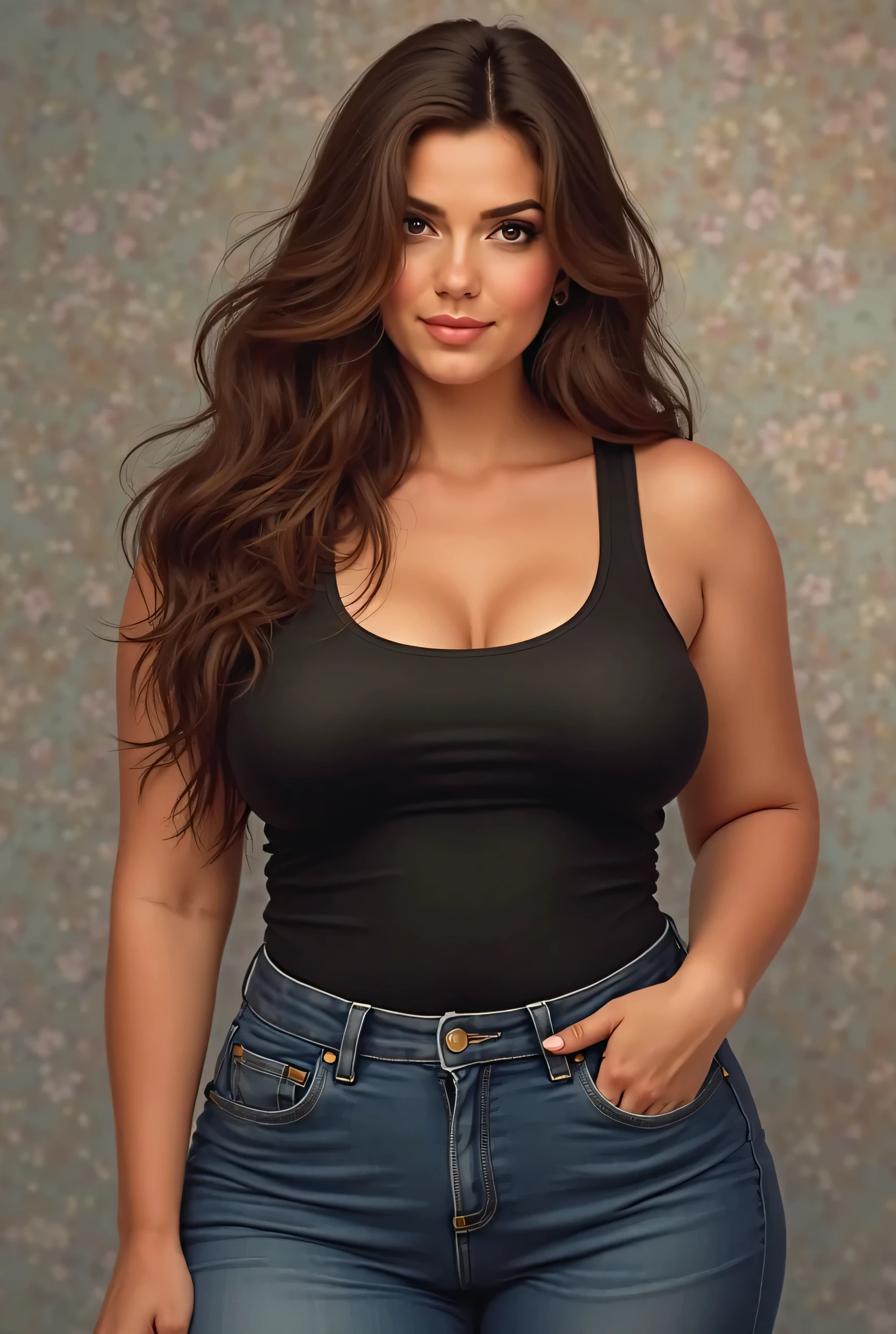 Lucy Pinder, Face portrait, Beautiful face, smiling, brown hair, curly hair, very long hair, Hoop earrings, ((Very intense makeup)), ((Bright lipstick)), Back, gray scale crop top , gray scale pants, beautiful buttocks, ((voluptuous woman))