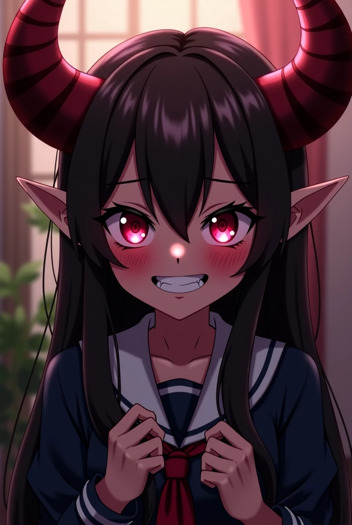 2 Cheerleaders, black hair, seductive smile, red eyes, in classroom, mind control by succubus