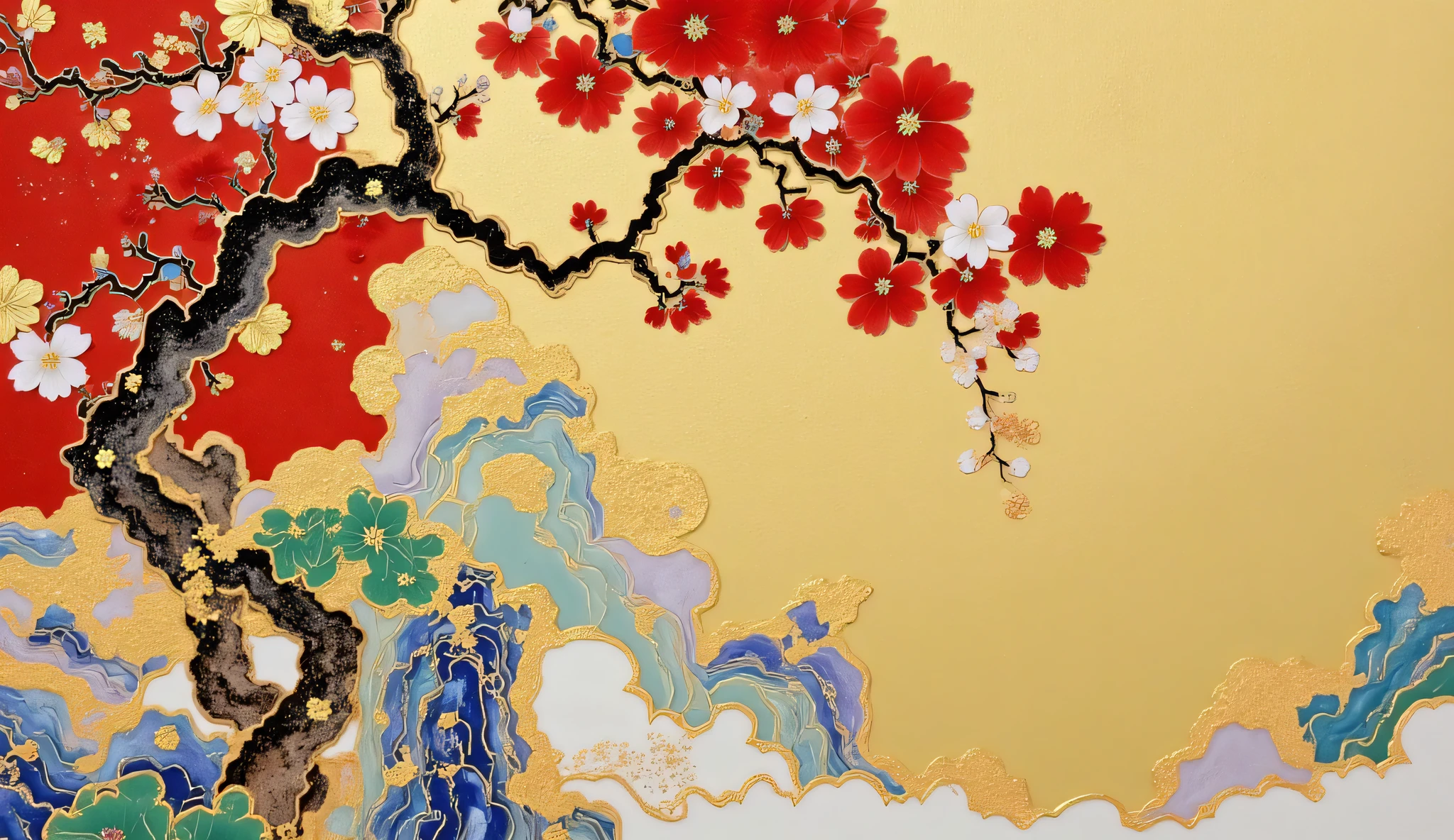 A painting,Chinese ancient style,Landscape architecture,flower,Gold painted , lanterns, night