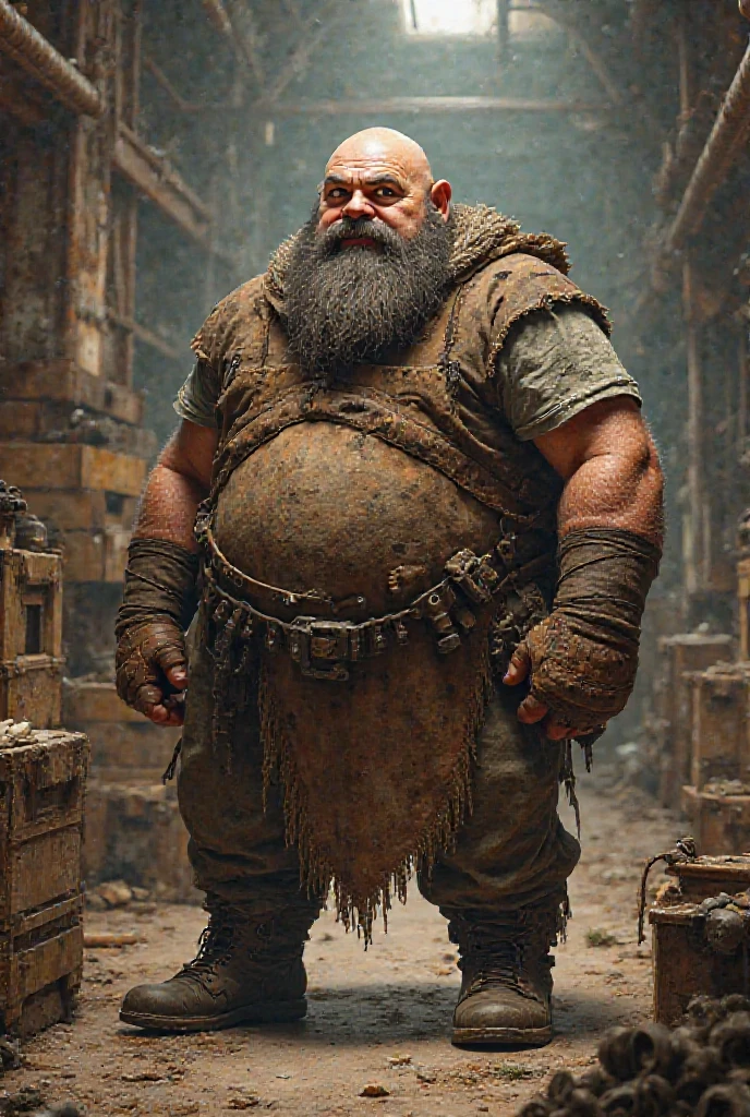 Ultra realistic, masterpiece, A photo of man, bald, fat, fur body,dirty face, medieval theme, sad face, villager, full of beard, topless, fullbody, dark village background
