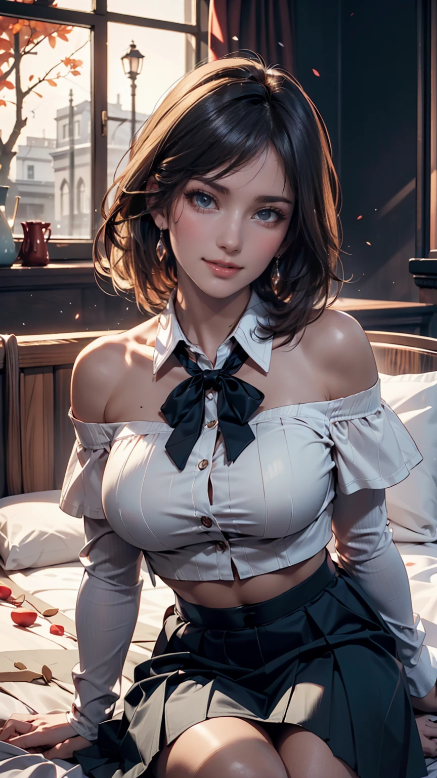 (8k, RAW Photos, highest quality, Master:1.2), (Realistic, photo-Realistic:1.37), Super detailed, 1 girl, cute, alone, Beautifully detailed skies, Detailed face, night, Sitting, Date, (Blushing), (smile: 1.1), (shut up), Big Breasts, Beautiful and delicate eyes, Button unbuttoned, (Collared shirt: 1.1), bow tie, Pleated skirt, (short hair: 1.2), Flowing hair, Long eyelashes, eye shadow, Small face, Big eyes, Full Body Shot, Exposing shoulders, indoor, bed