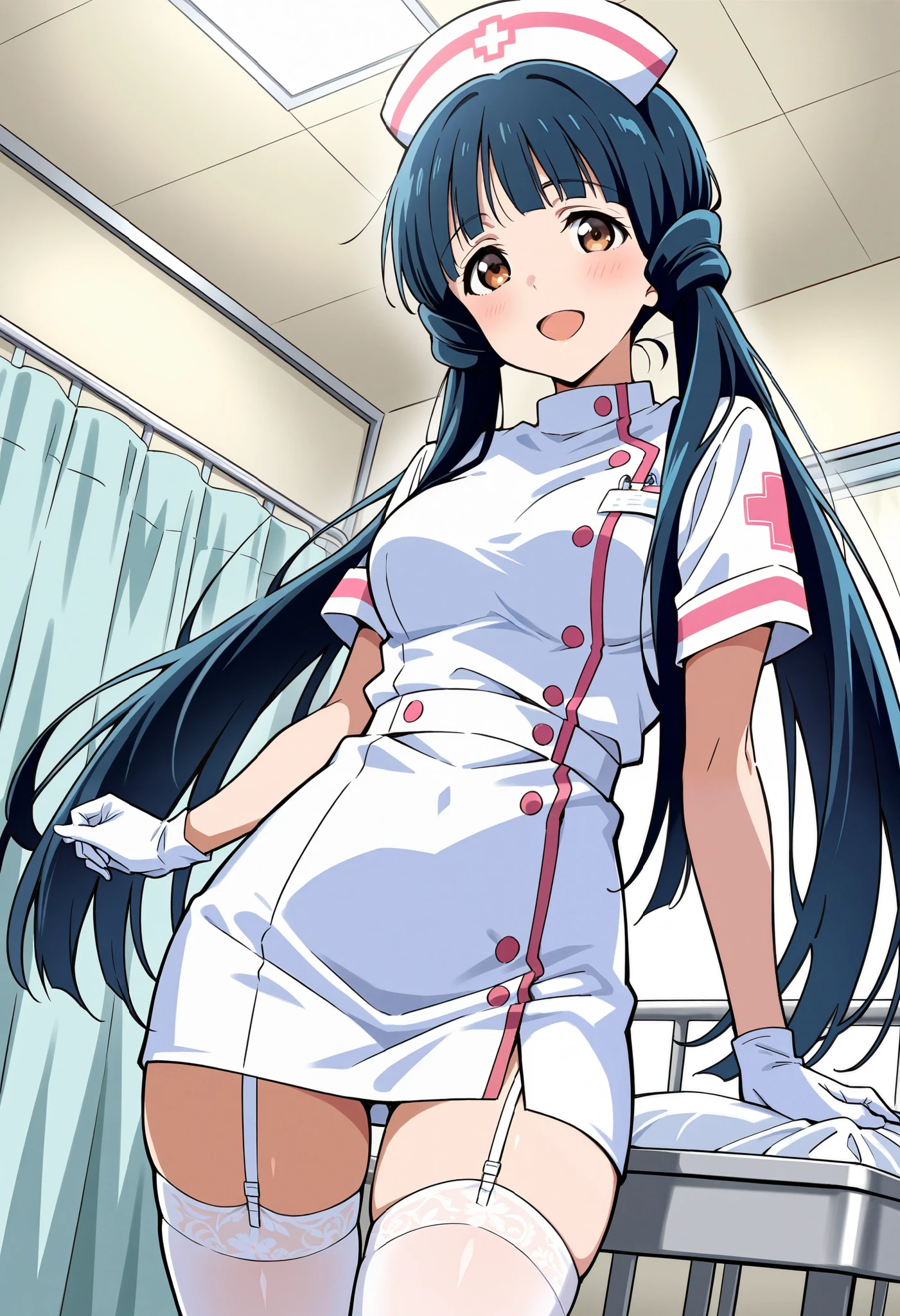 a matter of fact, daytime, sunlight, 1 girl, 8K resolution, blue hair, blue eyes, glowing eyes, white short skirt, Blush, nurse cosplay, sleeveless shirt, sunlight, Wet from the rain, seethrough, Sit with your knees raised, pussy, smile, the skirt is lifted up, highest quality, perfect lighting, perfect hands, perfect anatomy, mini yaemori, perfect figure, in love expression, armpit, semen driping from pussy,