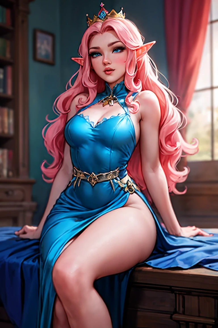 punk sorceress, long blue dress, leg slit, panty shot, panty slip, wardrobe malfunction, pink panties, blonde hair