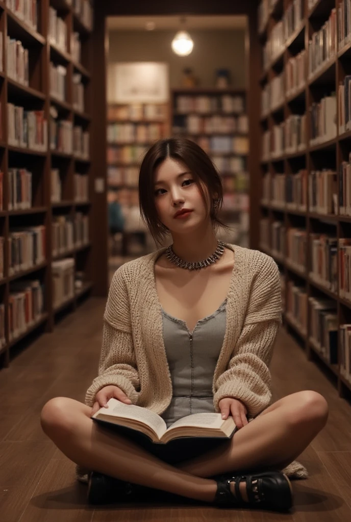 masterpiece、top-quality、High-quality images、hight resolution、in 8K、1lady、Photorealsitic、detaileds、Detailed eye depiction、skin gloss、Lustrous hair、((Black short-haired、More disheveled hair、I'm wearing round glasses、Emotional manifestation:1.3))、dim room、Narrow old room、many bookshelves、Books piled on the floor、Pile of used books、Sitting on the floor and reading a book、Shy and quiet girl、Japan girls at 16 years old、Barefoot Girl、obedient character、Not very confident、real face、care、Good posture、School uniform、Pleated skirt、plaid skirts、cinematlic lighting