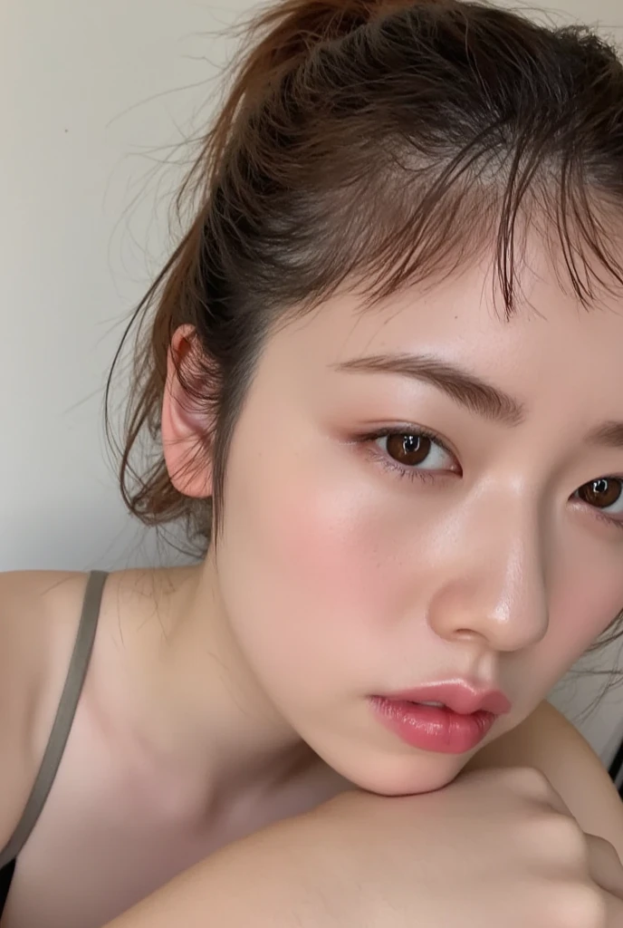 ((best quality, 8k, masterpiece: 1.3)), 1 girl, Slim Abs Beauty: 1.3, ( Casual and cute hairstyle: 1.2), : 1.1, Charming face expression of enjoyment and desire, Detailed eyes, double eyelids, With earrings, bedroom, Concert makeup, ((Medium breasts nude, cute breasts)), (Lying in bed), (The portrait was taken from above her lying body)