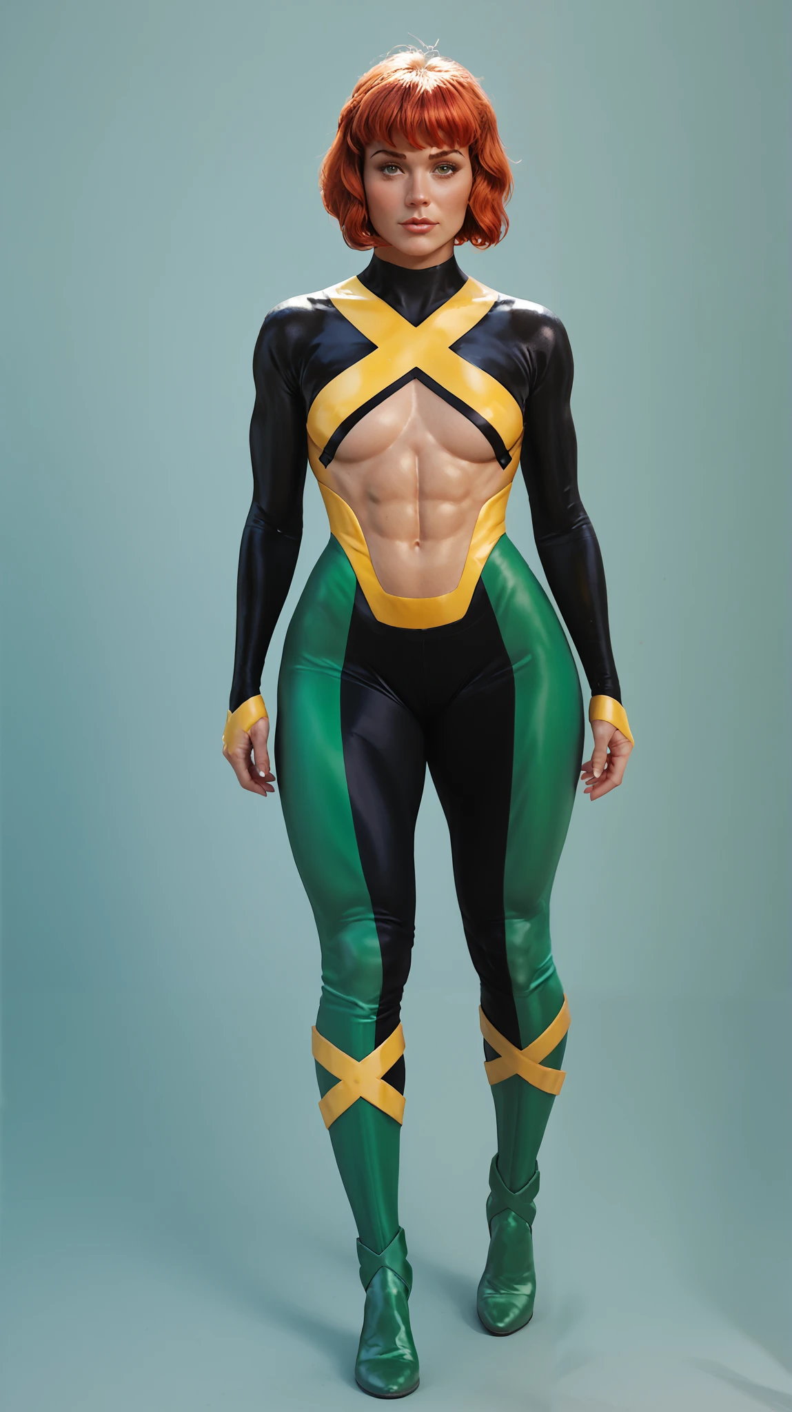 jeangreymarvelnow, short hair, red hair, bodycon suit, green eyes, green bodysuit, gigantic butt exposed, flat abs, full body