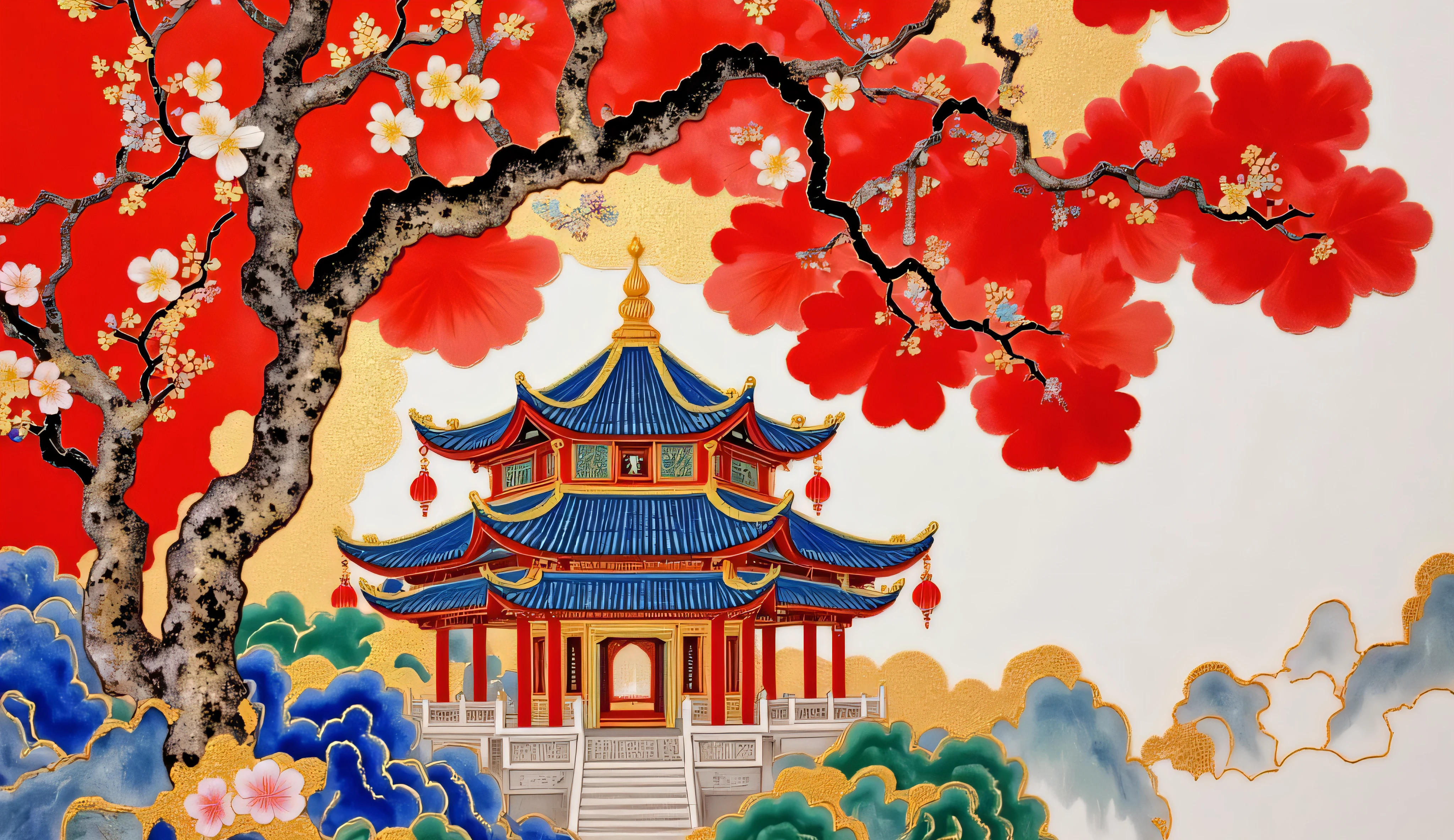A painting,Chinese ancient style,Landscape architecture,flower,Gold painted , lanterns, night