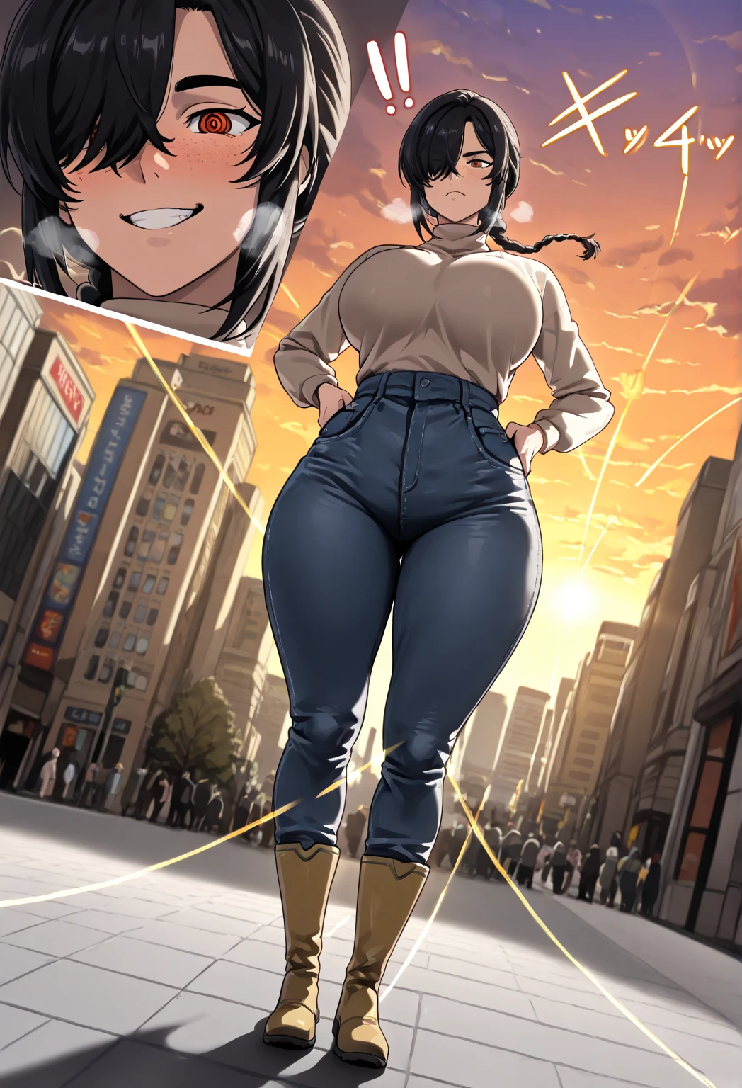 Hizuruminakata, wearing default outfit, black outfit, default hair, black hair, farting, fart, yellow fart, massive fart, velocity, yellow smoke, tall body, clenching teeth, rooftop