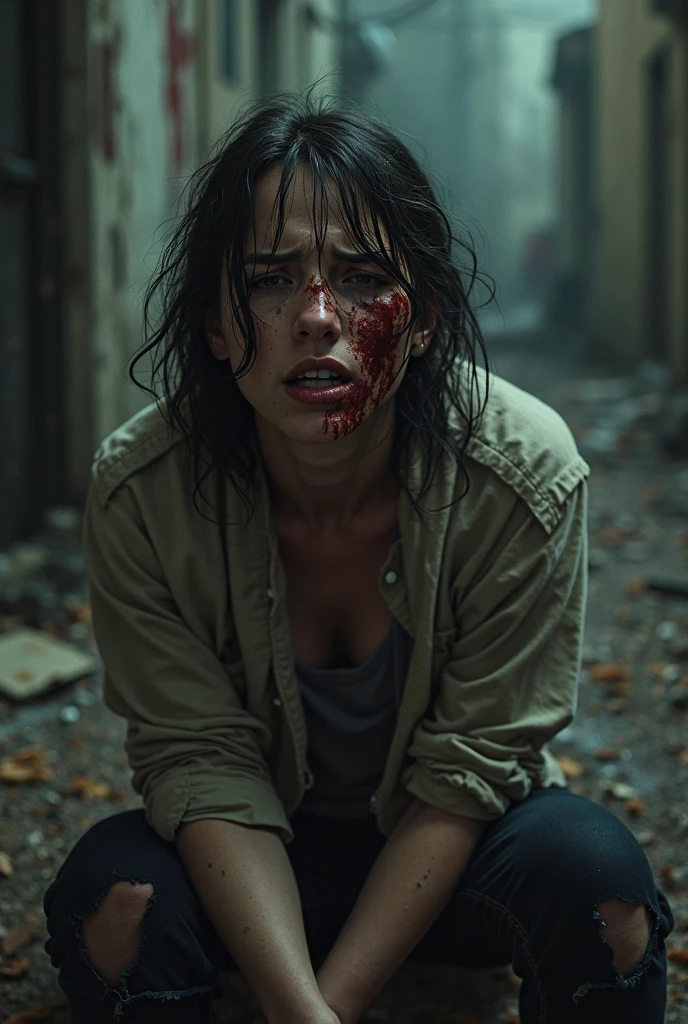 , (upper body shot , dutch angle) of terrified victim making a last stand, detailed face, located in a horrifying scene at a haunted mine during foggy night with overcast weather, illuminated by spectral light, creating a ominous unsettling atmosphere, ,Masterpiece,best quality, photo, realistic, very aesthetic