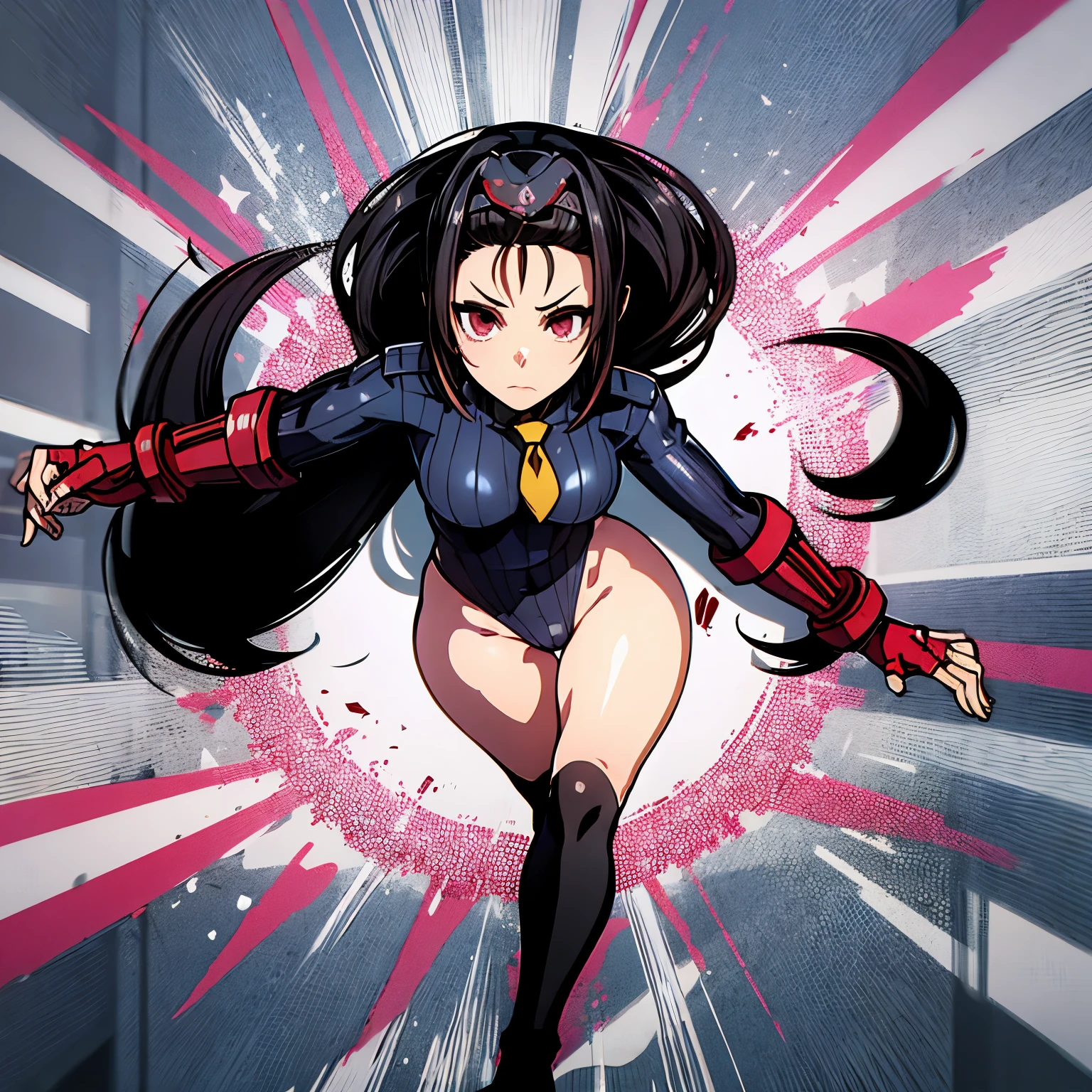 ultra-detailed, Explicit, Beautiful body, Beautiful Nose, Beautiful character design, perfect eyes, perfect face, ultra highres, 4K, beautiful legs, perfect legs, Nice hands, Perfect hand, Masterpiece, Best Quality, Highly detailed, illustration, absurdres, perfect anatomy, street fighter, doll suit, shadaloo doll, dollsuit, expressionless, blank eyes, looking at viewer, red gloves, emotionless, black latex, corrution, mind control, female combatant, full body, hypnotized, unhappy trance, full body suit, ribbed bodysuit, both arms at side, obey, perfect female body, extremely glossy latex, hypnosis, hypnoLora, empty eyes, Mind control device, poses, submissive_pose, Slave, stand up straight, standing, standing at attention, hat, necktie, belt, latex, ribbed bodysuit, thighhighs, garter belt, Fighting Stance, extending the right arm from the shoulder into the air with a straightened hand, military, thigh boots, 1girl, hair ornaments, black hair, long hair, red eyes, (((pixel-perfect, detail-perfect))), solo, 1girl, lucifer \(umineko\), hime cut, straight hair, (((umineko no naku koro ni)))