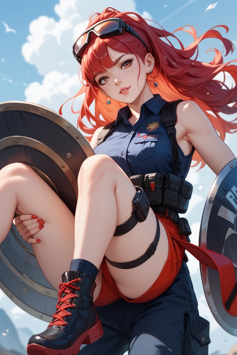 Cartoon character of a sexy woman, big breast, big butt, facing camera, tattoos, red curly hair