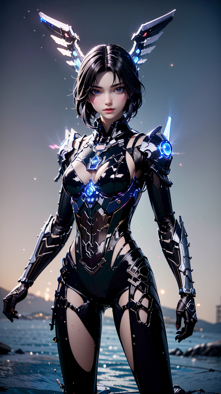 a ultra beautiful girl, with a black techno fantasy armor and a great sword in the back, cute, 12k, uhd, photorealistic, red lights decourations, black short hairs, ((european white race)), (ultra beautiful gorgeous realistic), naked belly and (naked arms), rendi la ragazza super realistica e super bella, rendi lo spadone vibrante di energia rossa