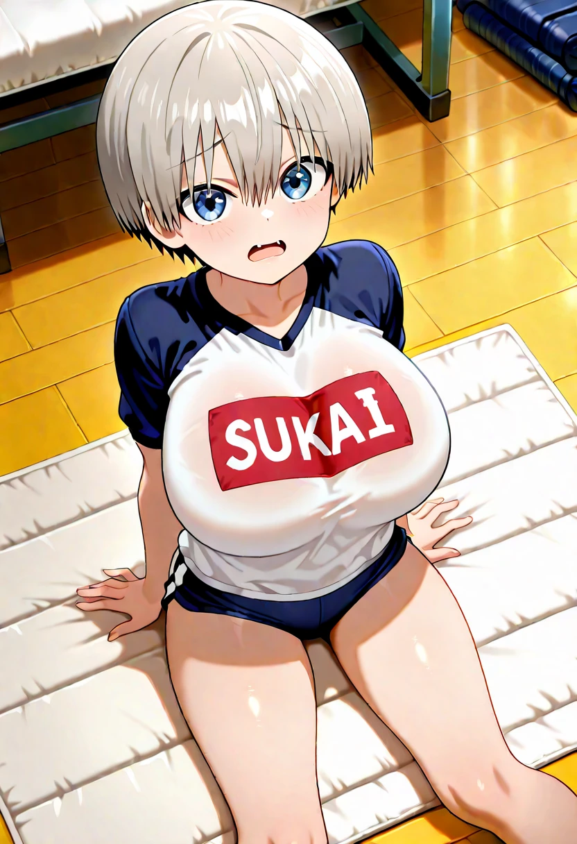 masterpiece, best quality, ultra-detailed, Potrait of beautiful , (chubby) (muscular), (plump), (sexly), (cleavage), ((tomboy)), (アニメ), (Breasts), (Plump), ((very short hair)), ((Uzaki Hana)), (overweight), (Gray Hair) (Wearing white clothes), ((Saggy breasts)), (blue eyes), (Short Hair), (blue eyes), ((thick)), (sleeves are blue), (Short sleeve), (fullbody)