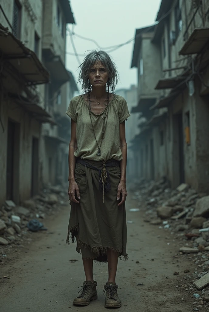 Desolate city with ragged woman, disheveled appearance, navigating through rubble and debris, abandoned buildings in the background, wearing torn and tattered clothing, dark and gloomy atmosphere, dark, gritty, abandoned, dystopian