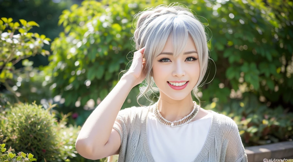 hyper-réaliste 8k，Hyper HD，le détail，femme mature， cheveux mi longs blancs， la texture de la peau ，bons traits du visage，Coordination physique，sexy, souriante, photographie réaliste，contraste de lumière et d'ombre，À la mode，téléobjectif canon，arrière-plan jardin fleuri bokeh，