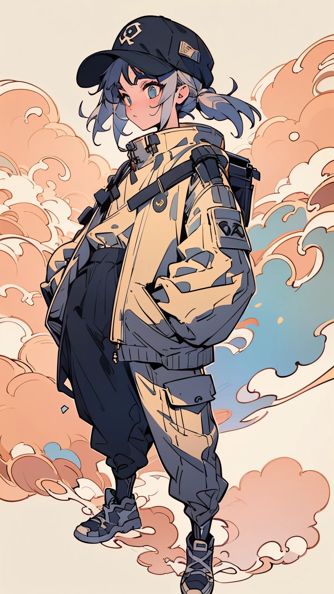 A stylish anime girl, full body shot, in a vibrant, impressionistic cityscape. She's wearing a light brownish-yellow hoodie, deep blue cargo pants, and sneakers. Her hair is long and dark brown. She's wearing a baseball cap. The scene is urban, with futuristic, pastel-colored buildings and a bright blue sky filled with swirling, energetic clouds in oranges, pinks, and purples. The light is soft, diffused and cast in a dreamy, almost ethereal quality. The colors are bold and saturated, with a strong emphasis on contrast and highlights. The style is hyperdetailed and expressive, with distinct brushstrokes that create a sense of movement and energy within the artwork. The girl's expression is calm and distant; suggesting she is gazing out at the cityscape. Include a backpack, details on her backpack should be clearly visible, like zippers and straps. The overall aesthetic is vibrant, stylized, and anime-inspired. Focus on dynamic lighting showcasing her form. High resolution., Demonic Mask,