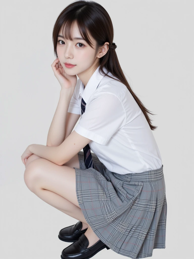 one person、one person、A 17-year-old high school girl poses for a photo in a short-sleeved white sailor uniform、victory、Twin tails、Tsundere、masterpiece、High-level image quality、Sharp focus)、Navy blue shirt、Red tie、Navy and red checked mini skirt、cute、Japanese women、17 years old、sexy、Laughter、(Perfect Anatomy、Delicate and beautiful hands and feet)、Blue Wall,Small breasts、Nogizaka Idol、Slender figure、sexy、I can see your thighs、Sitting in a chair、