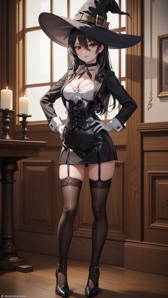 (masterpiece:1.2), (best quality:1.2), 1girl, high heel boots, medium breasts, latex, thigh boots, glasses, corset, cleavage, frilled skirt, full body