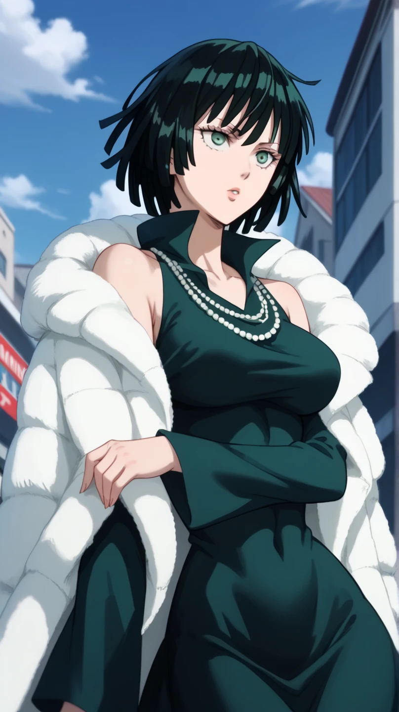 fubuki, fubuki, black hair, (green eyes:1.5), short hair, BREAK black dress, dress, fur coat, high collar, jewelry, necklace, off shoulder, taut clothes, taut dress, BREAK outdoors, BREAK looking at viewer, (cowboy shot:1.5), BREAK (masterpiece:1.2), best quality, high resolution, unity 8k wallpaper, (illustration:0.8), (beautiful detailed eyes:1.6), extremely detailed face, perfect lighting, extremely detailed CG, (perfect hands, perfect anatomy),