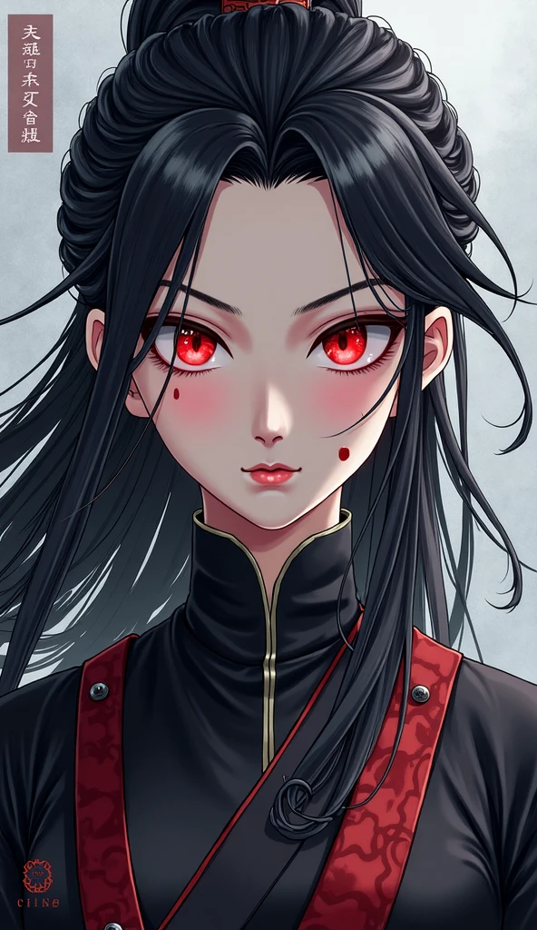 handsome woman，red-eyes，red pupils，Long black hair, grey skin, looks ill, Hyperresolution，accuracy，Detailed rendering，（Subtle facial image）（Image of fine hair）（topquality）（Masterpieces of masters）（High degree of completeness）（A sense of atmosphere）tmasterpiece，Super detailed and super detailed（half-body portrait), witch hat, ankle length black straight hair, 