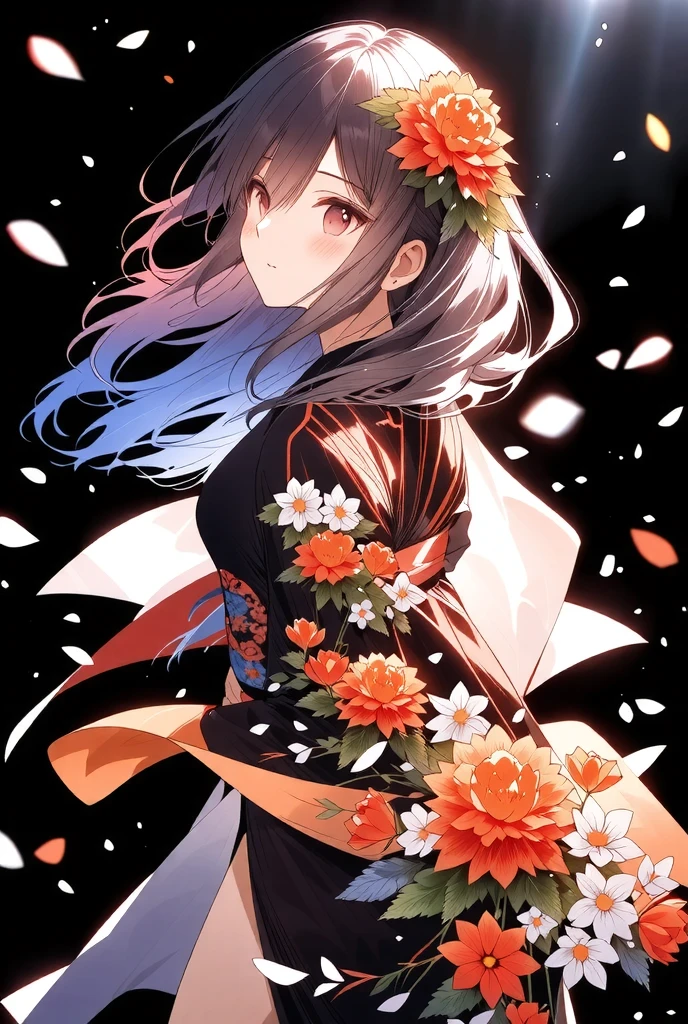 ((illustration, ultra-high detailed, Japanese anime style,   Shinkai Makifu , Beautiful lines, golden ratio full body composition, CG Unity, wallpaper), break ( Beautiful Adult Women, Wearing a Japanese Kimono,  Smile at You , Strongly Willed Gaze, Clear Eyes, full of hope, Aesthetic Realism Colors, Hand with 5 fingers, foot with 5 toes), from side, break (artgrapy style background, The warm arrival of spring, Aesthetic thaw, Beautiful lines, Sharp lines, without distortion, best composition), break 新しい季節の訪れ, black background representing old struggles, aesthetically shining black like lacquer, Expression of melting snow that washes away, attractive contrast between black and white, break 被写体を強調する柔らかな煌き, Dramatically penetrates the light clearly illuminates the desired signpost, extremely transparent dramatic indirect lighting, break \encourages new challenges sakura blizzard,\ Please increase the sharpness of the lines, The background is a vivid dark tone, Note the vivid colors, break 表現力の高い詳細な髪, Traditional hair ornaments made in Japan, It adjusts the overall balance, high contrast), carefully draws intricate details, Nice quality, 