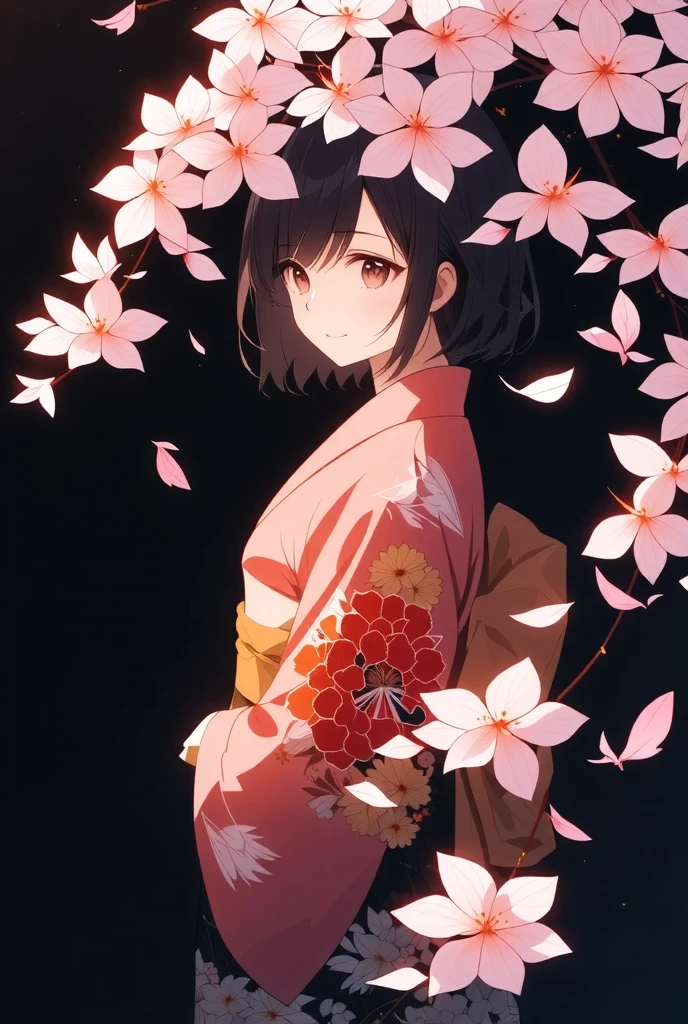 ((illustration, ultra-high detailed, Japanese anime style,   Shinkai Makifu , Beautiful lines, golden ratio full body composition, CG Unity, wallpaper), break ( Beautiful Adult Women, Wearing a Japanese Kimono,  Smile at You , Strongly Willed Gaze, Clear Eyes, full of hope, Aesthetic Realism Colors, Hand with 5 fingers, foot with 5 toes), from side, break (artgrapy style background, The warm arrival of spring, Aesthetic thaw, Beautiful lines, Sharp lines, without distortion, best composition), break 新しい季節の訪れ, black background representing old struggles, aesthetically shining black like lacquer, Expression of melting snow that washes away, attractive contrast between black and white, break 被写体を強調する柔らかな煌き, Dramatically penetrates the light clearly illuminates the desired signpost, extremely transparent dramatic indirect lighting, break \encourages new challenges sakura blizzard,\ Please increase the sharpness of the lines, The background is a vivid dark tone, Note the vivid colors, break 表現力の高い詳細な髪, Traditional hair ornaments made in Japan, It adjusts the overall balance, high contrast), carefully draws intricate details, Nice quality, 