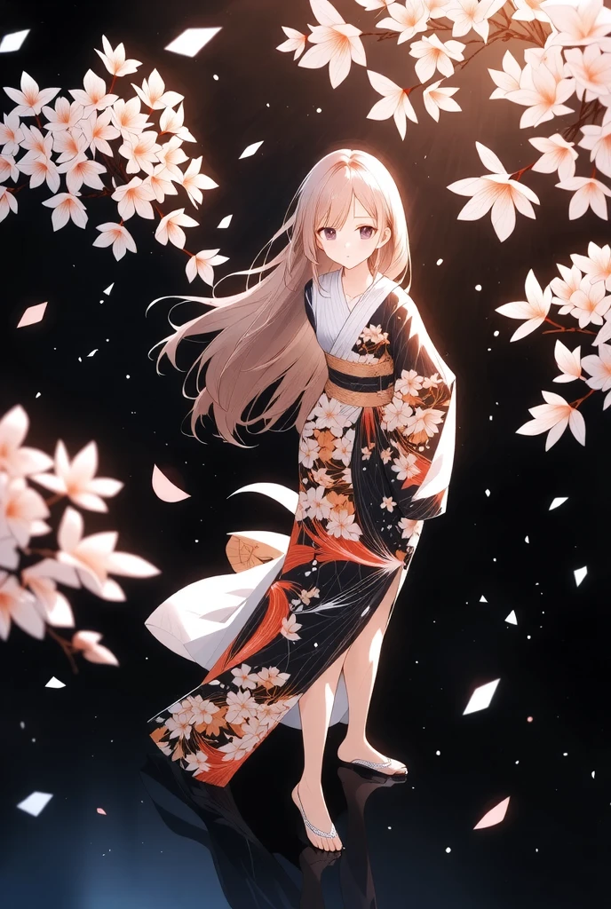 ((illustration, ultra-high detailed, Japanese anime style,   Shinkai Makifu , Beautiful lines, golden ratio full body composition, CG Unity, wallpaper), break ( Beautiful Adult Women, Wearing a Japanese Kimono,  Smile at You , Strongly Willed Gaze, Clear Eyes, full of hope, Aesthetic Realism Colors, Hand with 5 fingers, foot with 5 toes), from side, break (artgrapy style background, The warm arrival of spring, Aesthetic thaw, Beautiful lines, Sharp lines, without distortion, best composition), break 新しい季節の訪れ, black background representing old struggles, aesthetically shining black like lacquer, Expression of melting snow that washes away, attractive contrast between black and white, break 被写体を強調する柔らかな煌き, Dramatically penetrates the light clearly illuminates the desired signpost, extremely transparent dramatic indirect lighting, break \encourages new challenges sakura blizzard,\ Please increase the sharpness of the lines, The background is a vivid dark tone, Note the vivid colors, break 表現力の高い詳細な髪, Traditional hair ornaments made in Japan, It adjusts the overall balance, high contrast), carefully draws intricate details, Nice quality, 