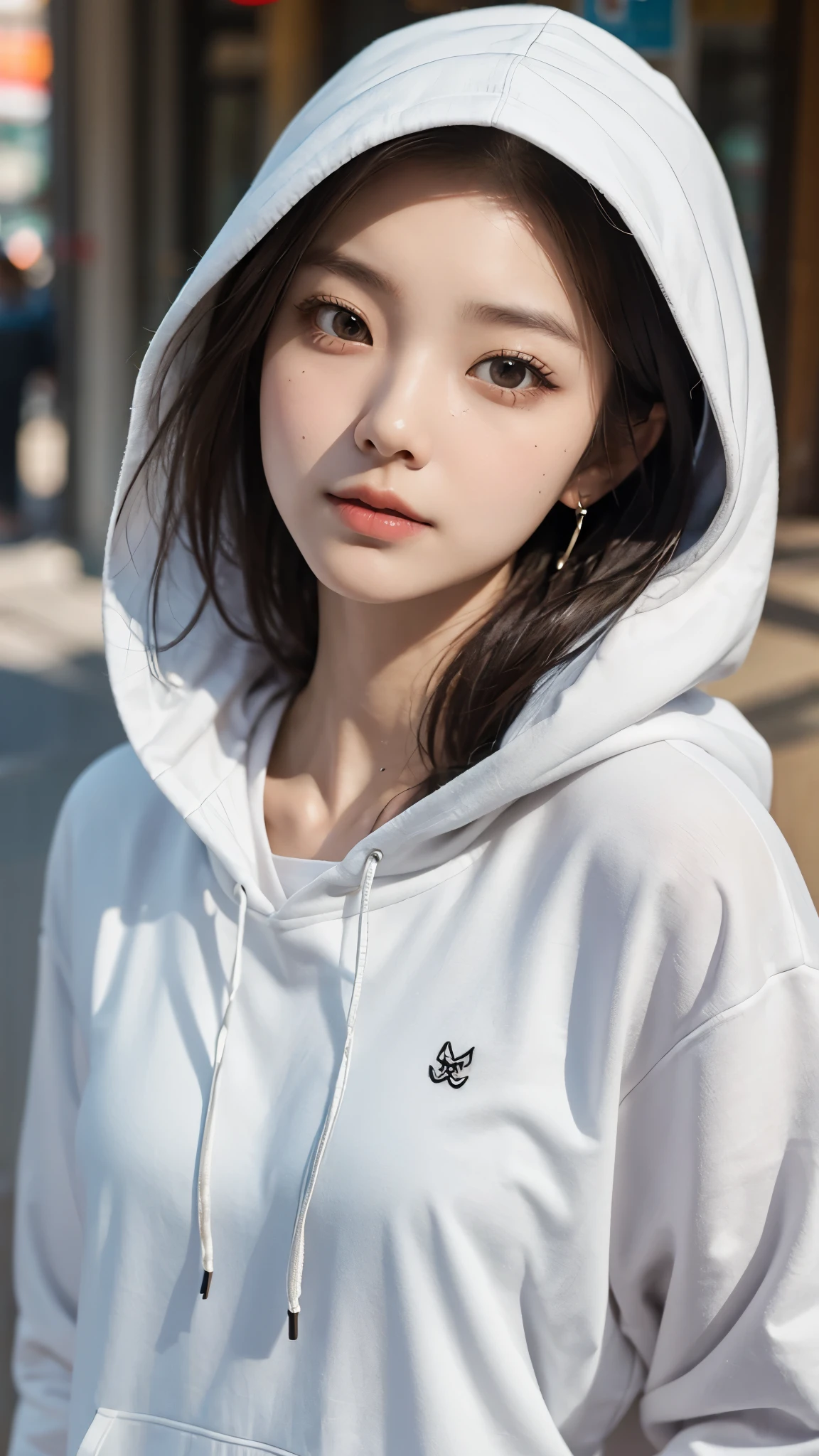 look up view , mask, mask up mouth, can only see , small eyes, scar, Asian Vietnamese woman with eyelid piercings, Watch Viewers, plaid hair, Hooded