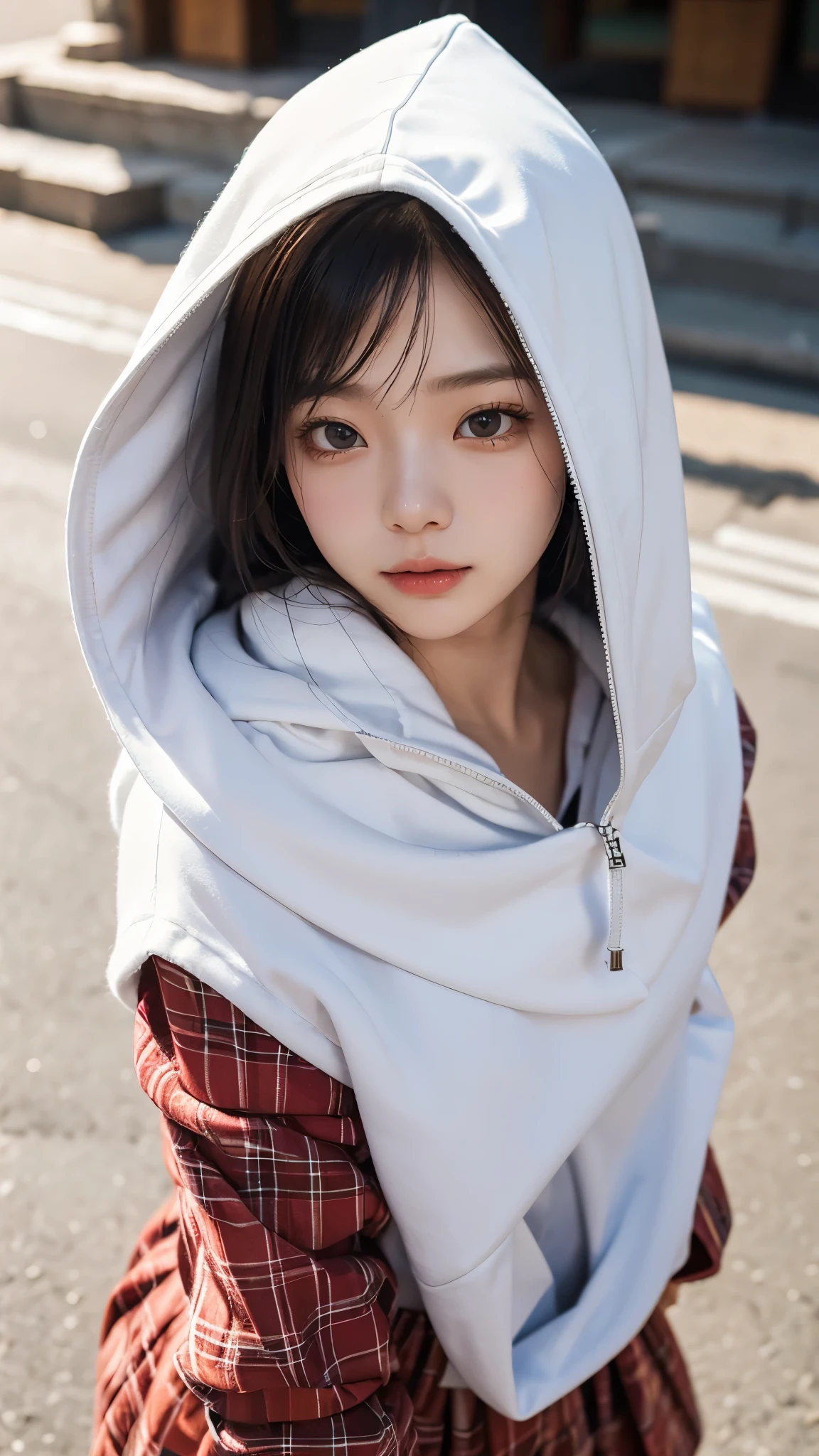 look up view , mask, mask up mouth, can only see , small eyes, scar, Asian Vietnamese woman with eyelid piercings, Watch Viewers, plaid hair, Hooded